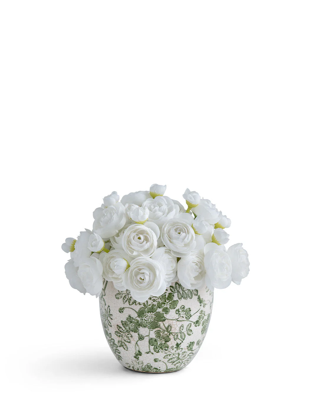 Baby Ranunculus in Green & White Floral Vase White
