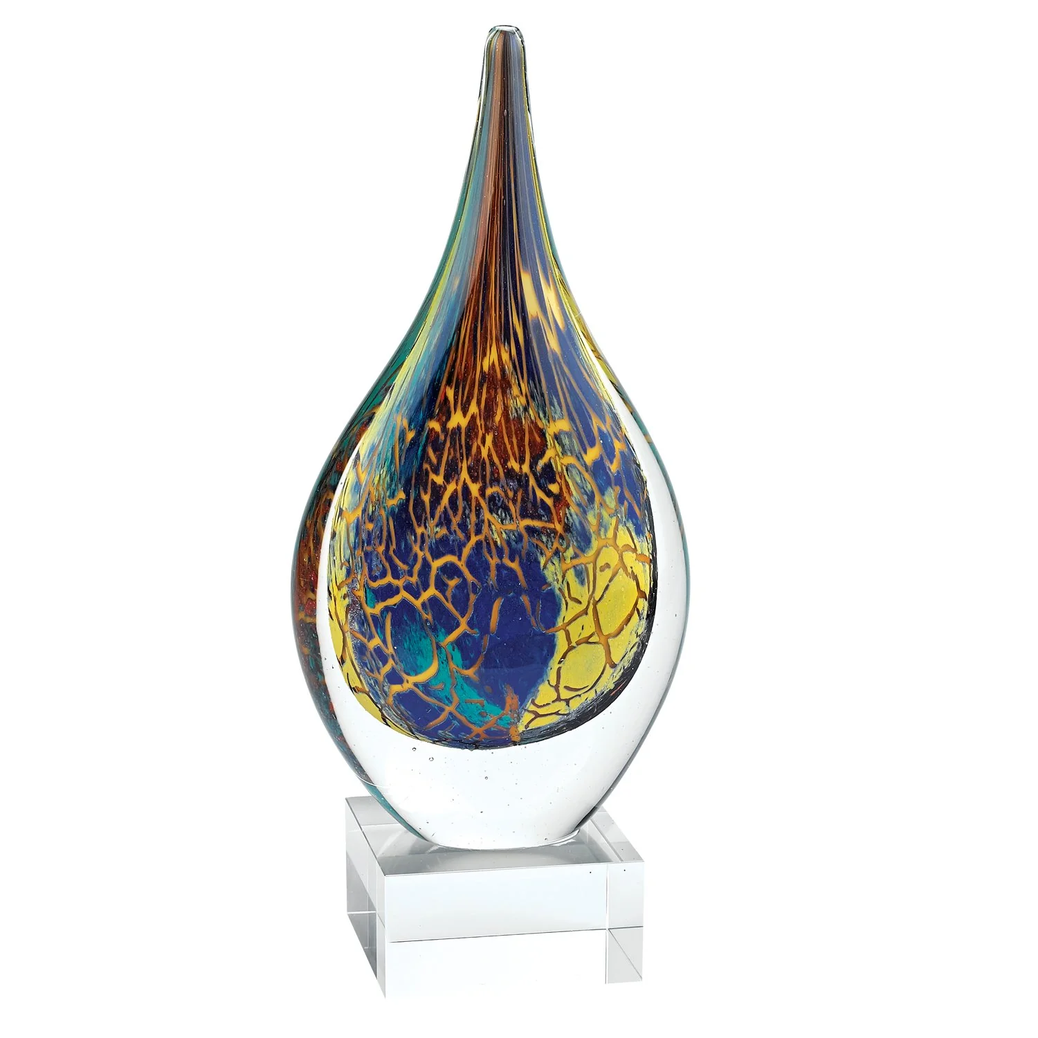 Firestorm Murano Style Art Glass 12" Teardrop Shaped Centerpiece on Crystal Base