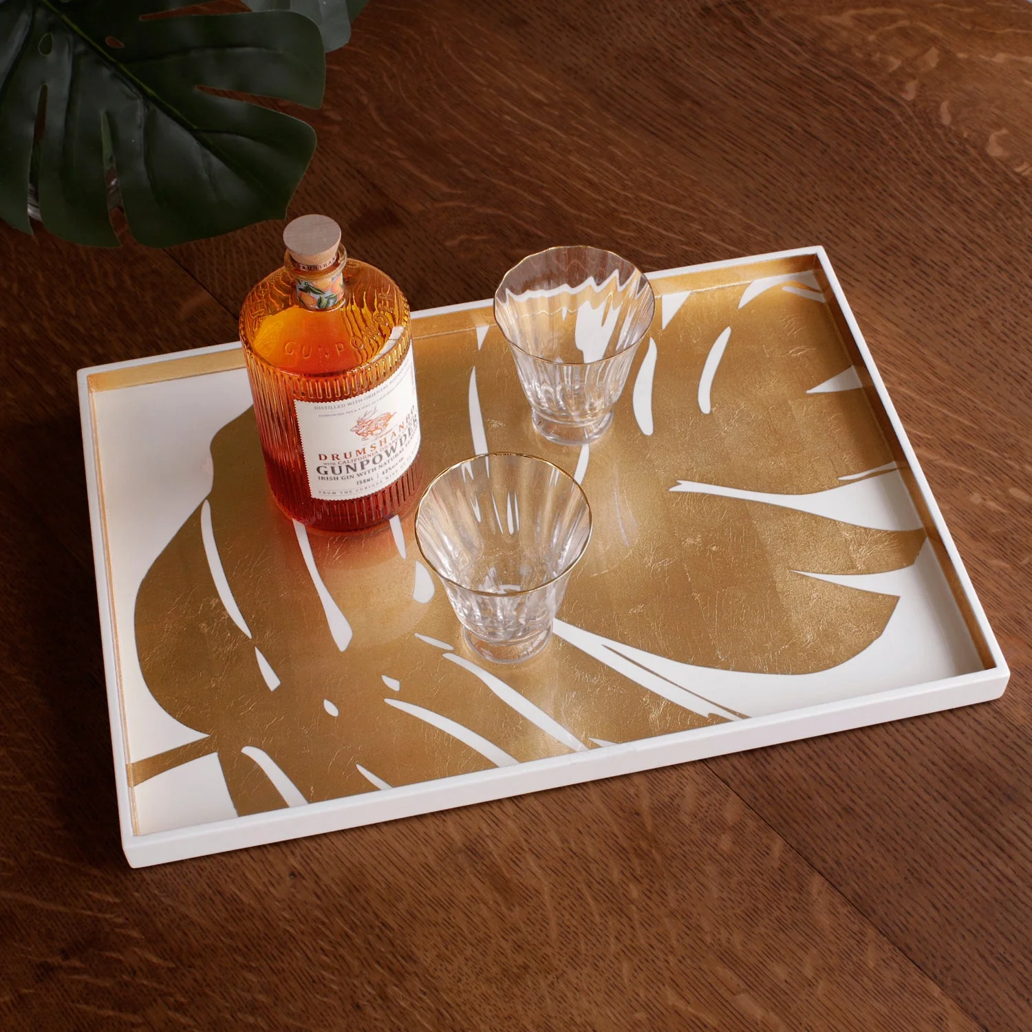 Beatriz Ball INDOCHINE Large Lacquered PhilodendronTray White and Gold - Image 4