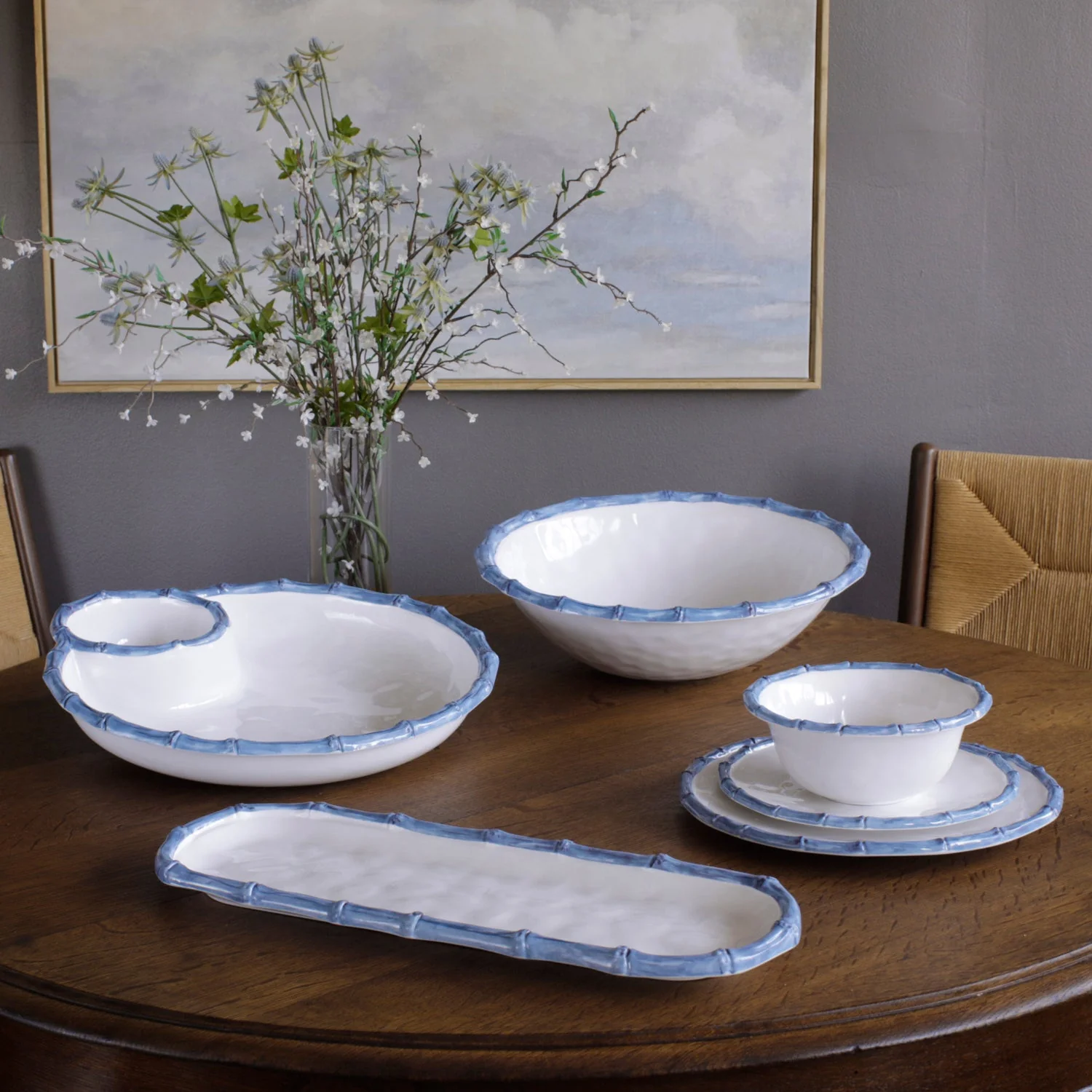 Beatriz Ball VIDA Bamboo Large Chip & Dip Bowl (White and Blue) - Image 6