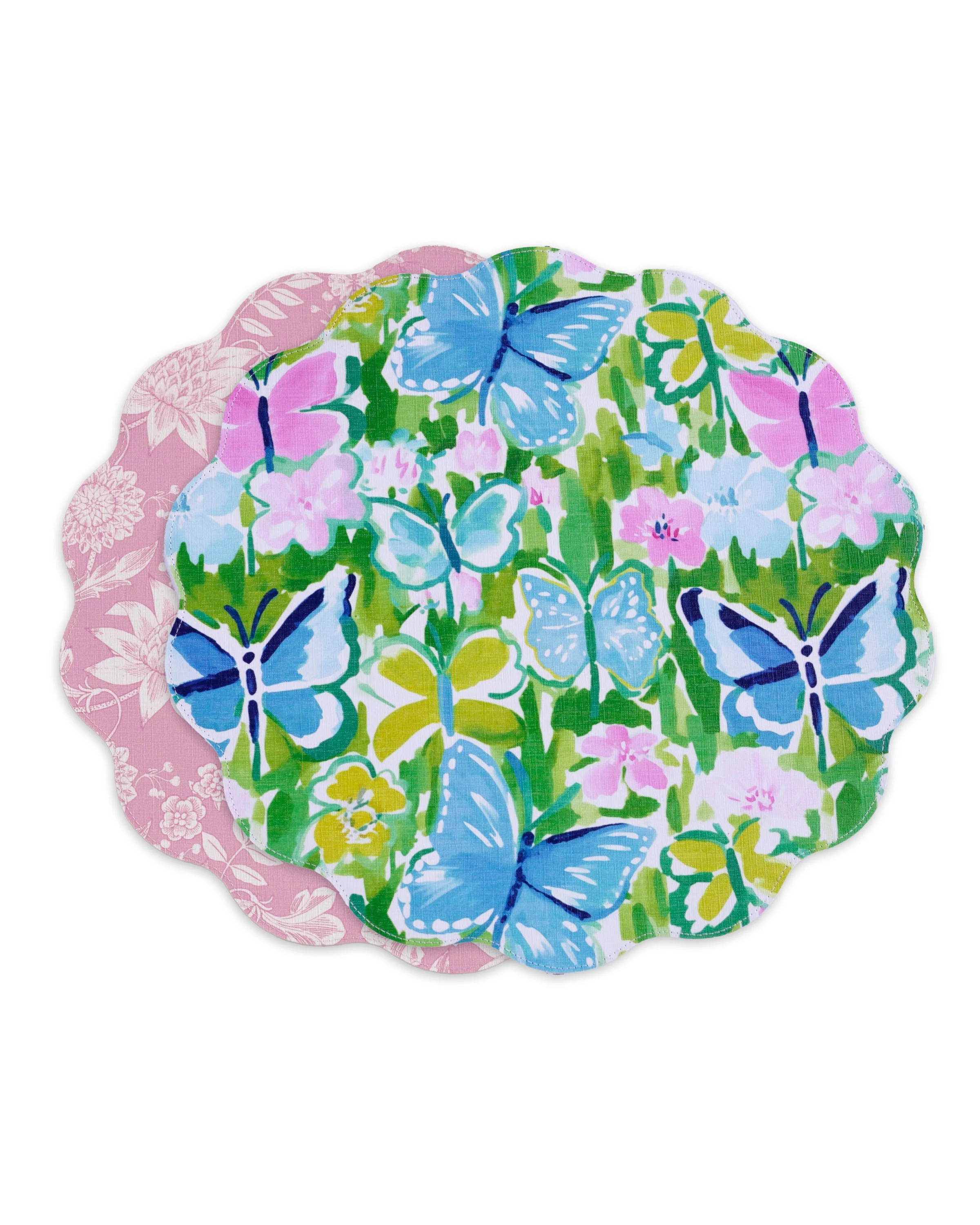 Beatriz Ball VIDA Butterfly Garden & Flowers Reversible Round Placemats Set of 4 Pastel