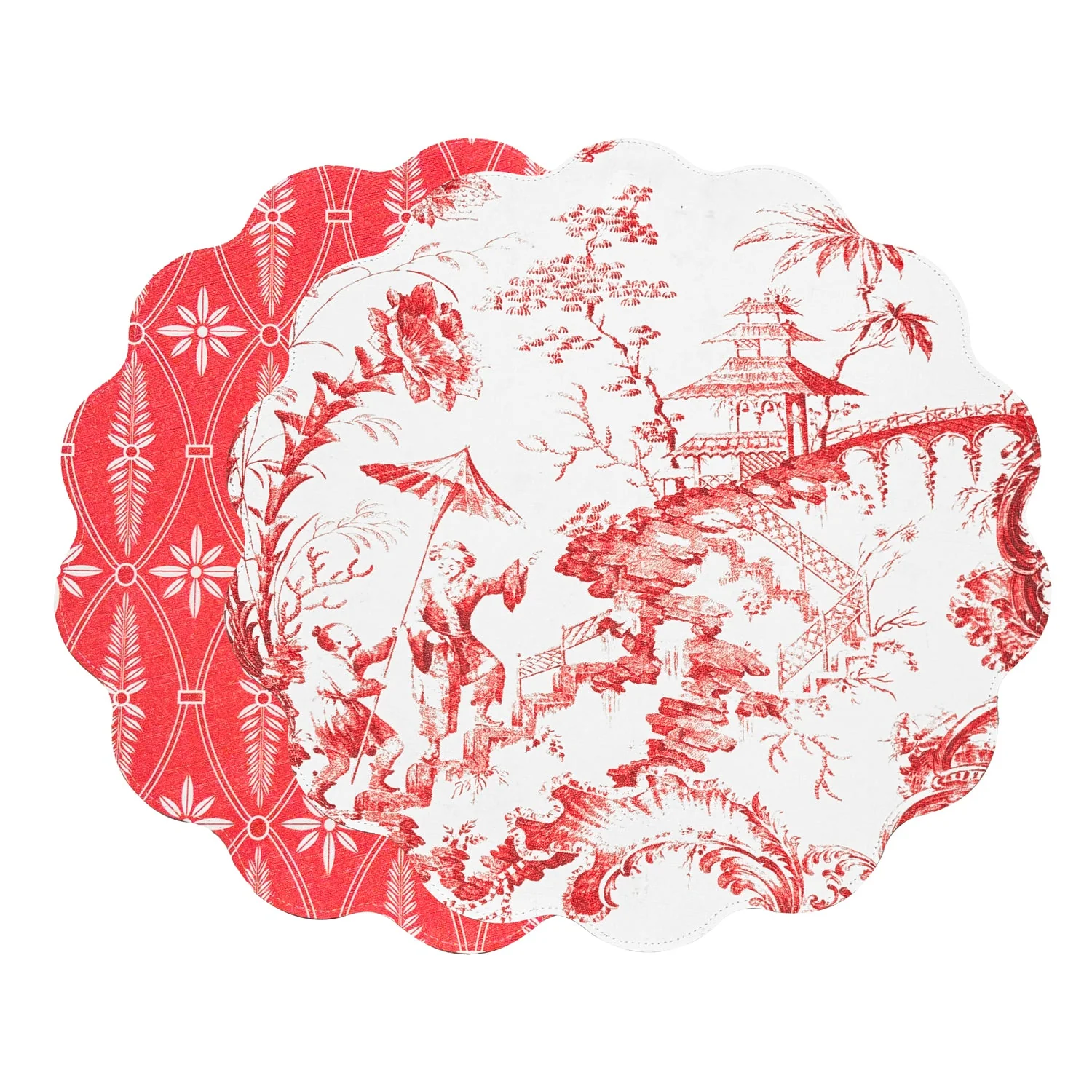 Beatriz Ball VIDA Chinoiserie and Trellis Reversible Round Placemats Set of 4 Red & White