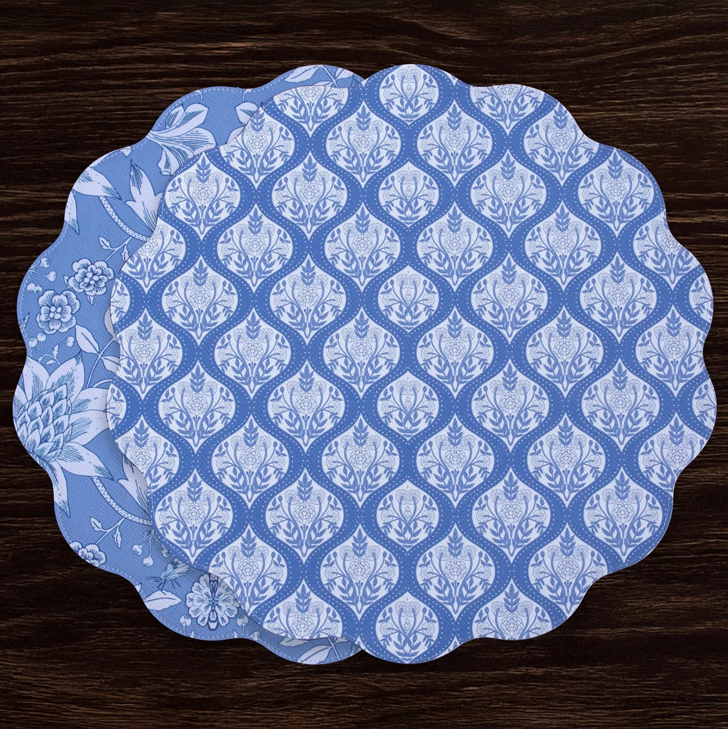 Beatriz Ball VIDA Flowers & Pattern Reversible  Round Placemats Set of 4 (Blue & White)