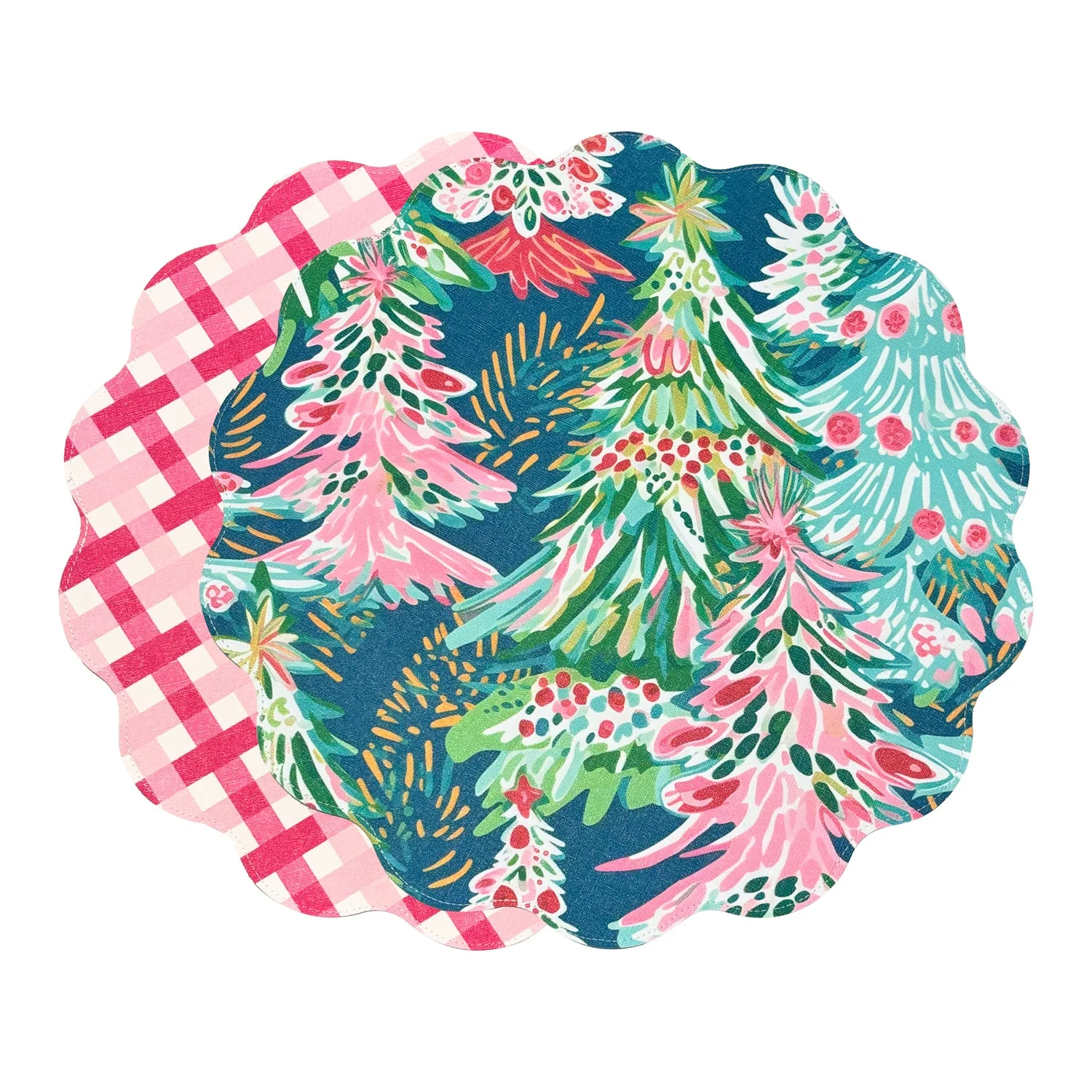 Beatriz Ball VIDA Holiday Trees and Preppy Plaid Reversible  Round Placemats Set of 4 Pink & Green - PRE-ORDER
