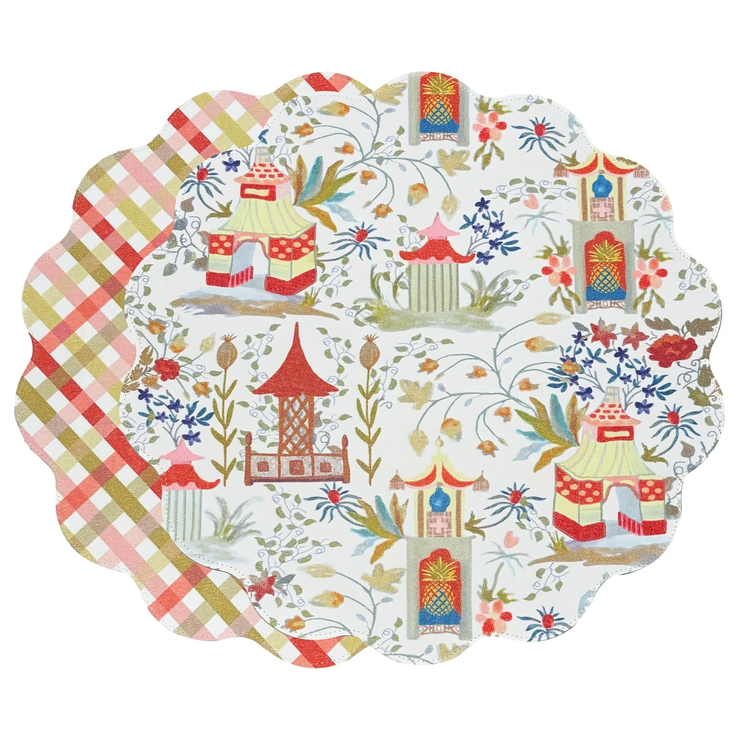 Beatriz Ball VIDA Pagoda and Carlie Plaid Reversible 15.5 Round Placemats Set of 4 Red & Orange