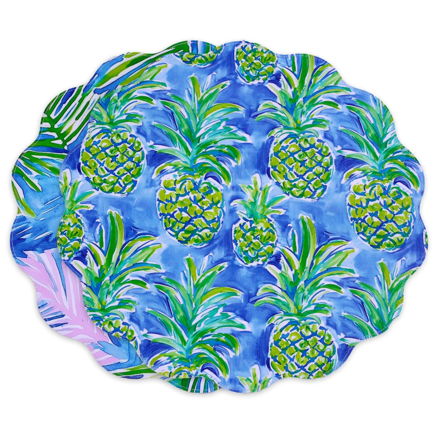 Beatriz Ball VIDA Pineapples & Palms Reversible Round Placemats Set of 4 (Blue & Green)