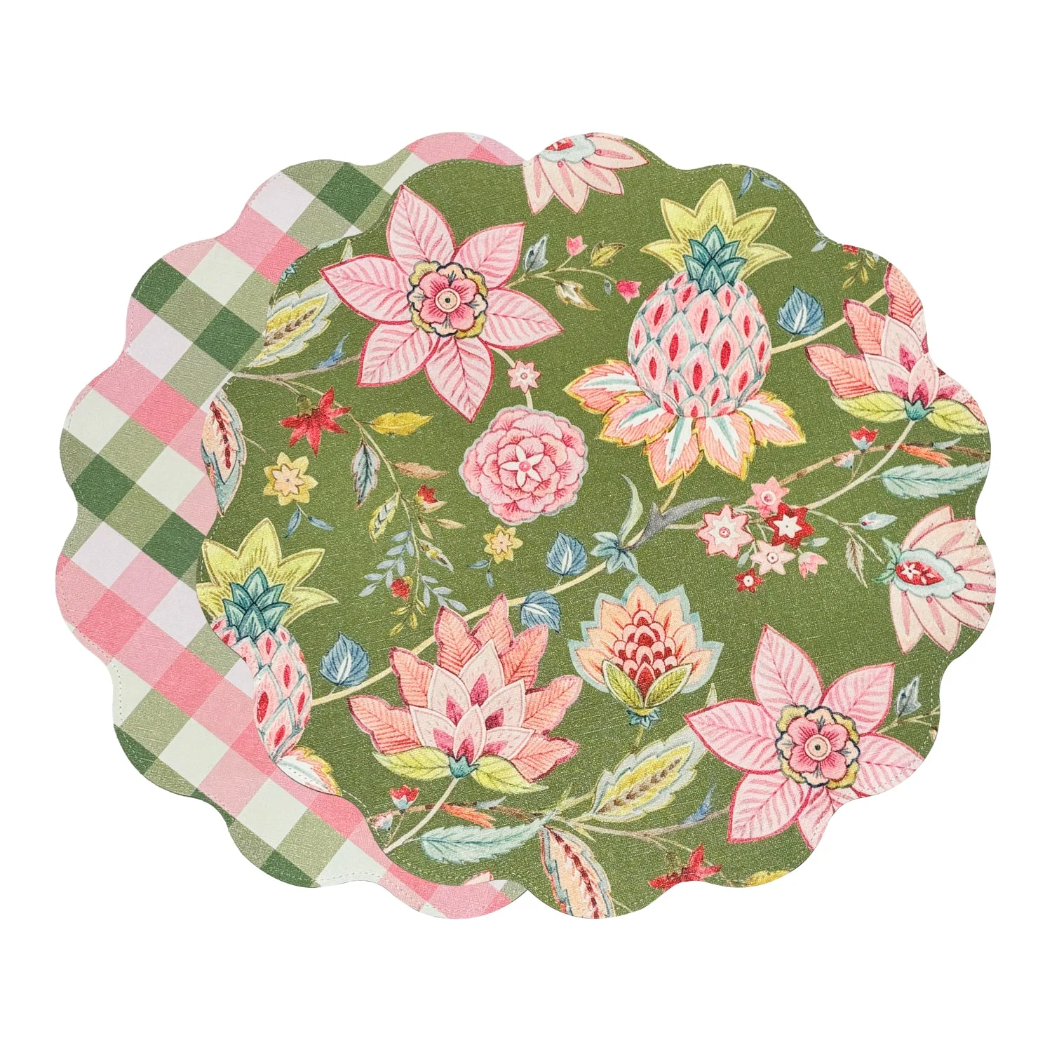 Beatriz Ball VIDA Tropical Floral and Preppy Plaid Reversible Round Placemats Set of 4 Pink & Green