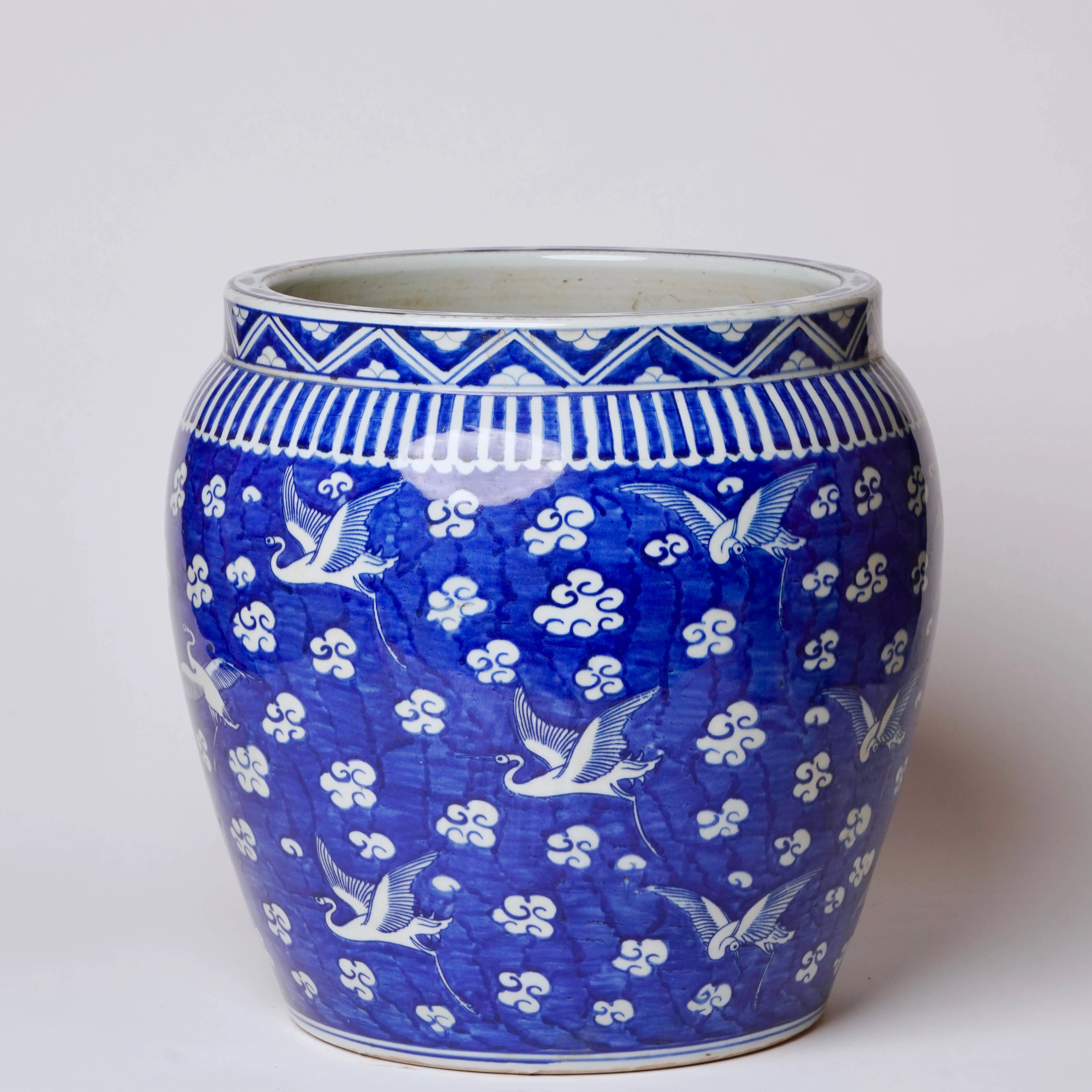 Blue and White Porcelain Cranes and Clouds Planter - Image 2