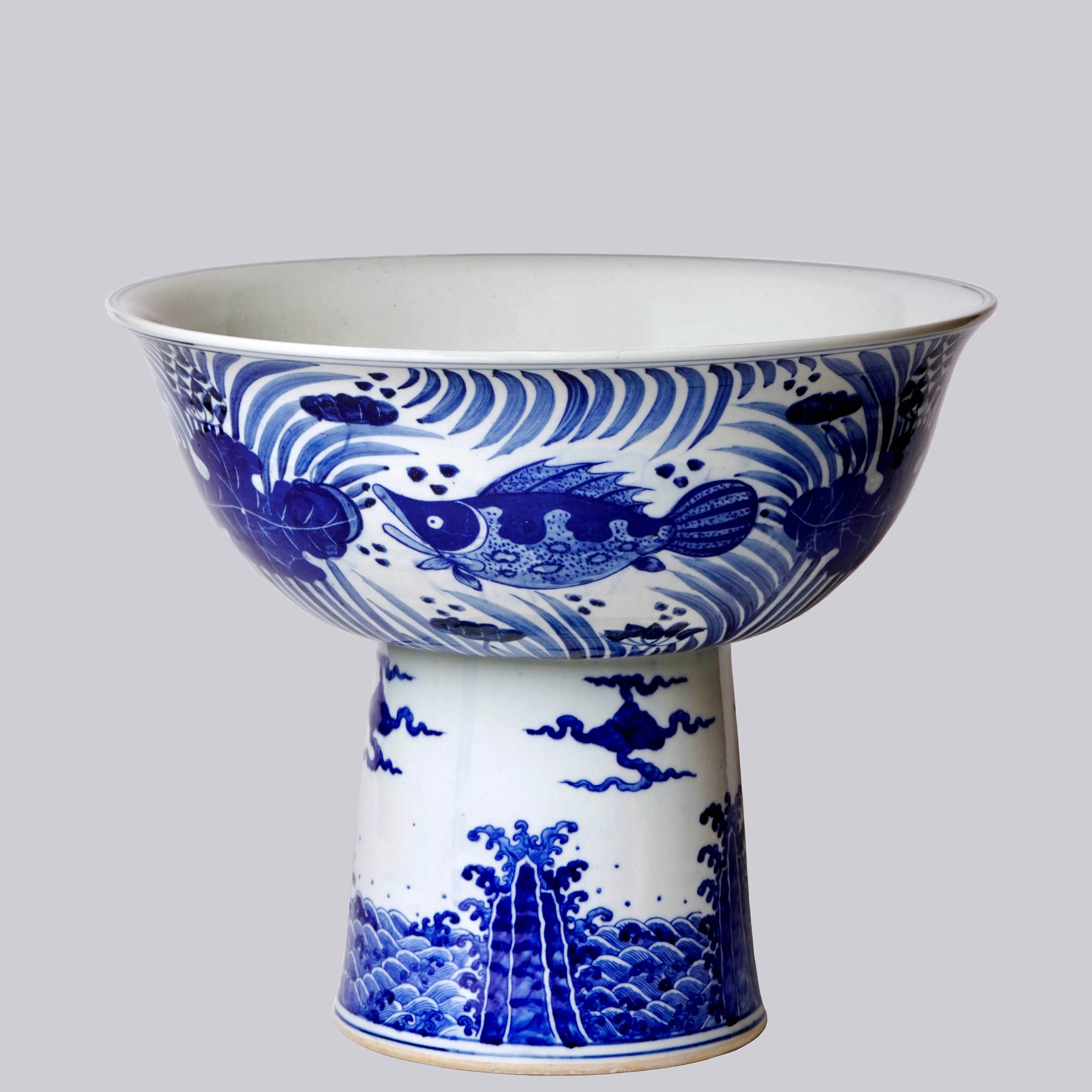 Blue and White Porcelain Fish and Lotus Large Footed Bowl