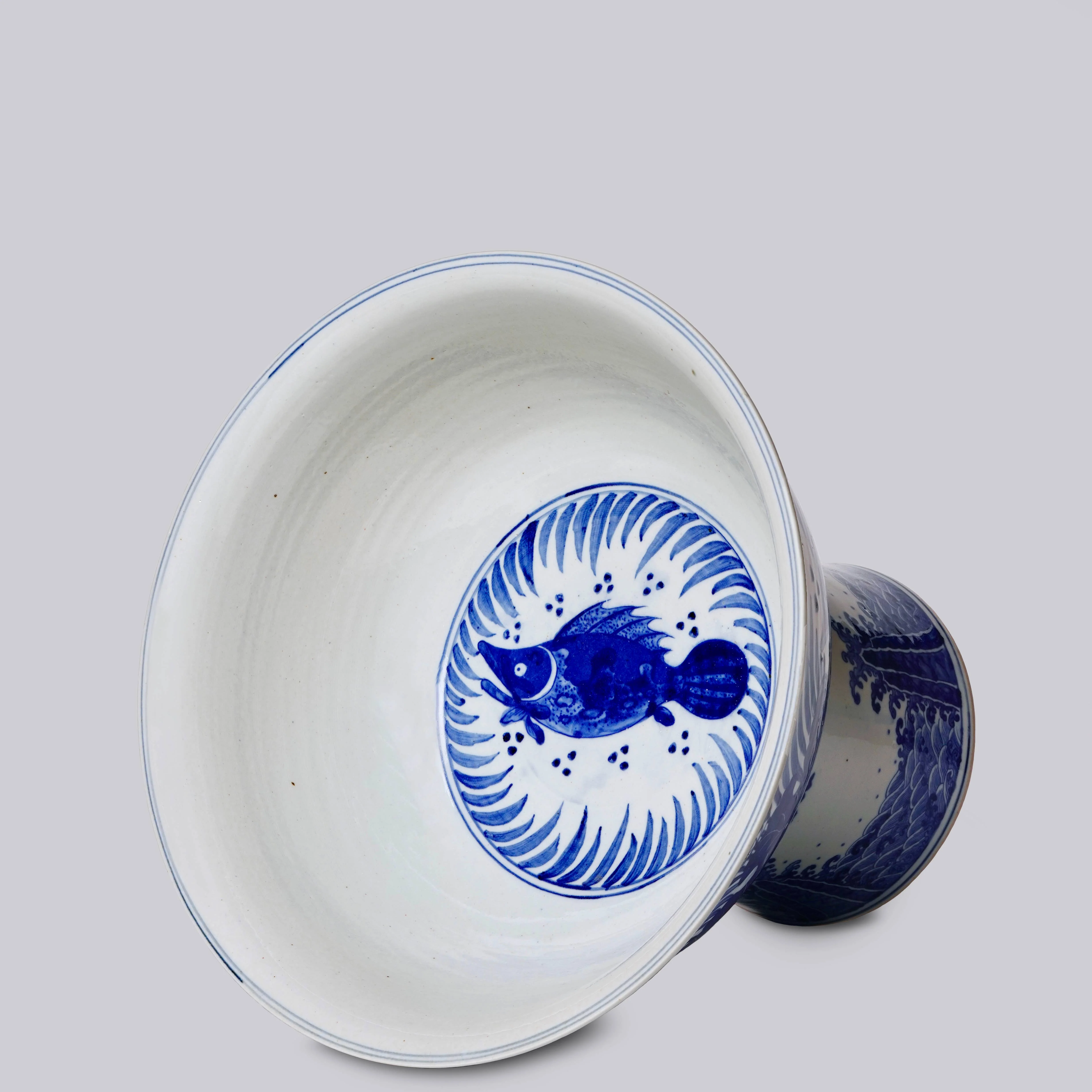 Blue and White Porcelain Fish and Lotus Large Footed Bowl - Image 2