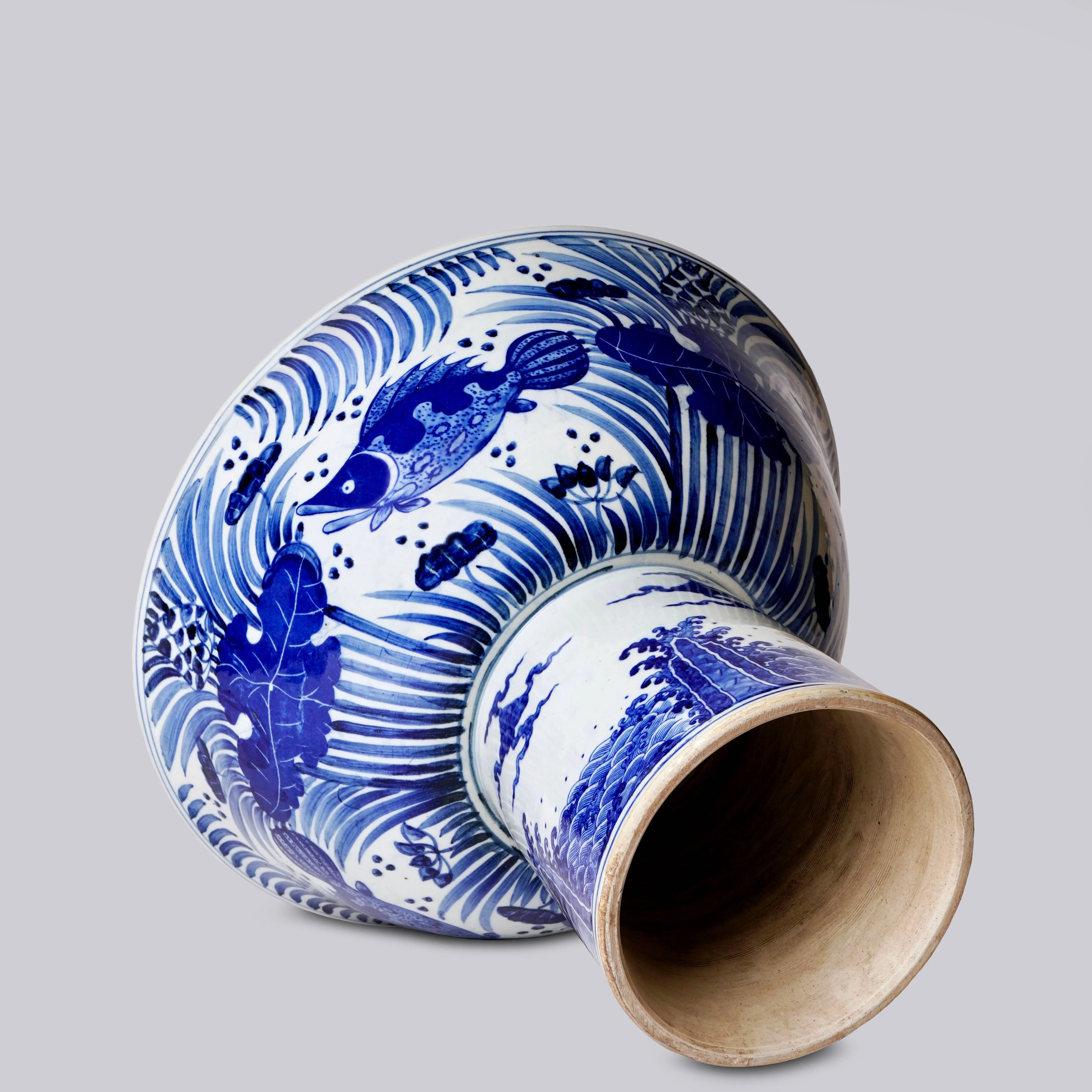 Blue and White Porcelain Fish and Lotus Large Footed Bowl - Image 4