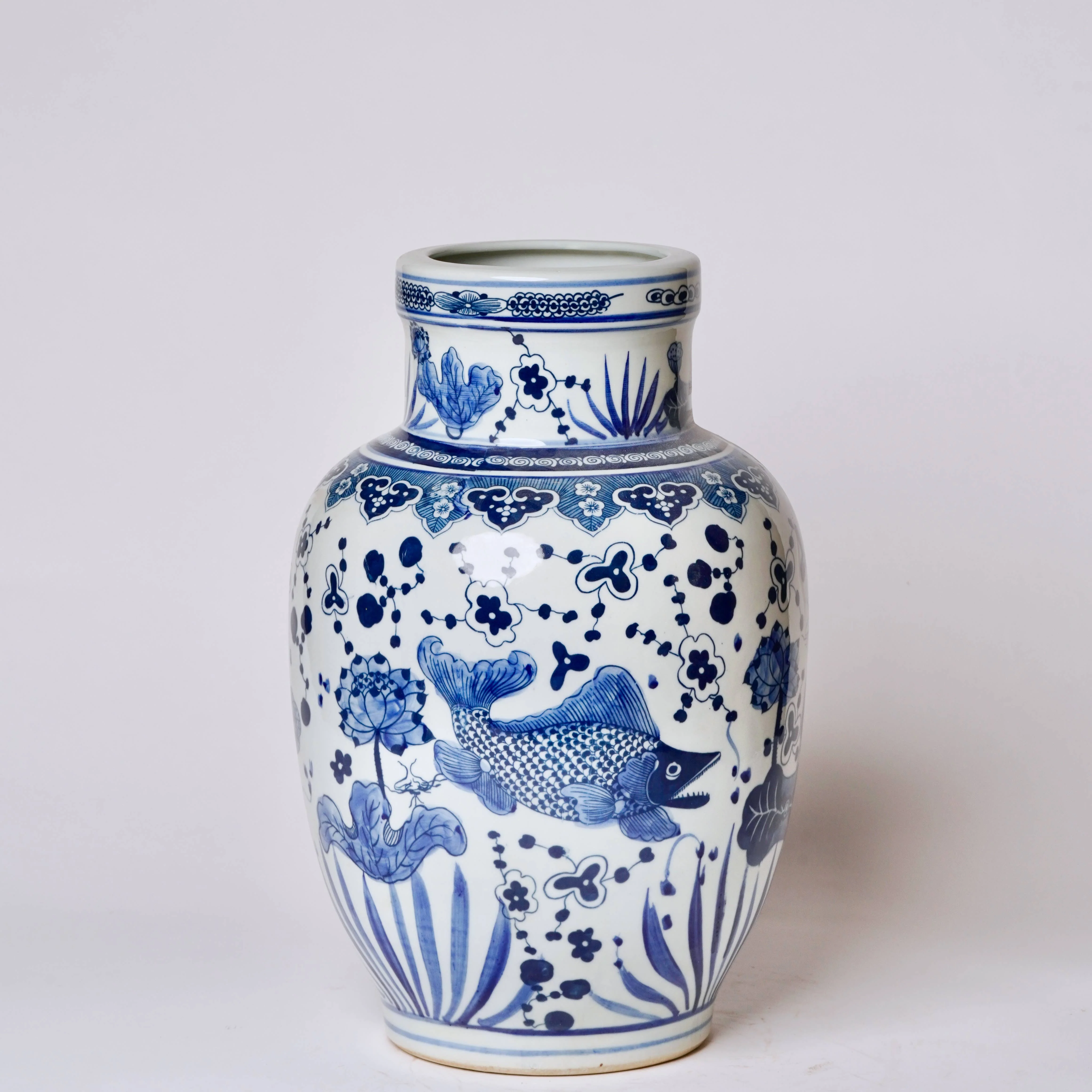 Blue and White Porcelain Fish and Lotus Mallet Vase