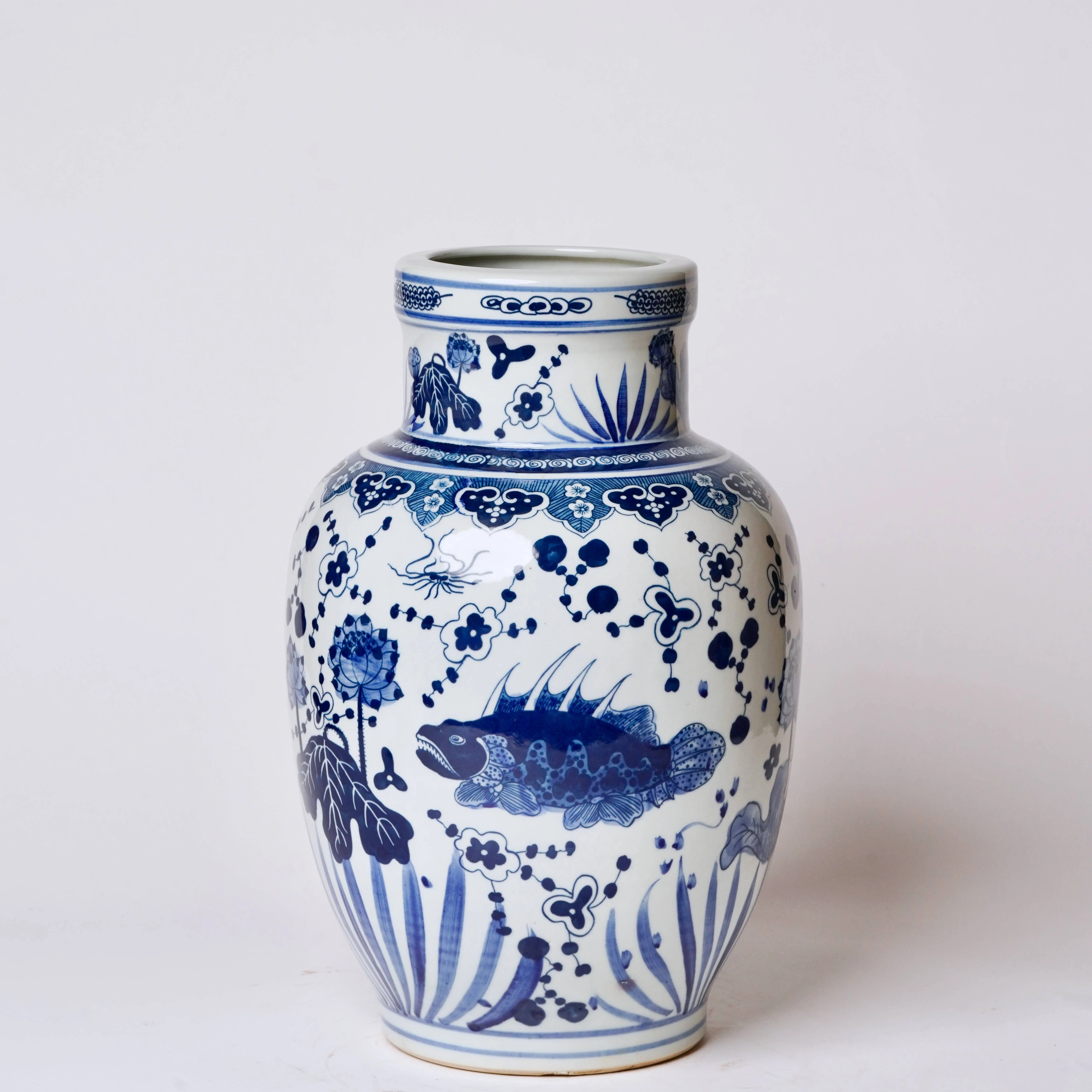 Blue and White Porcelain Fish and Lotus Mallet Vase - Image 2