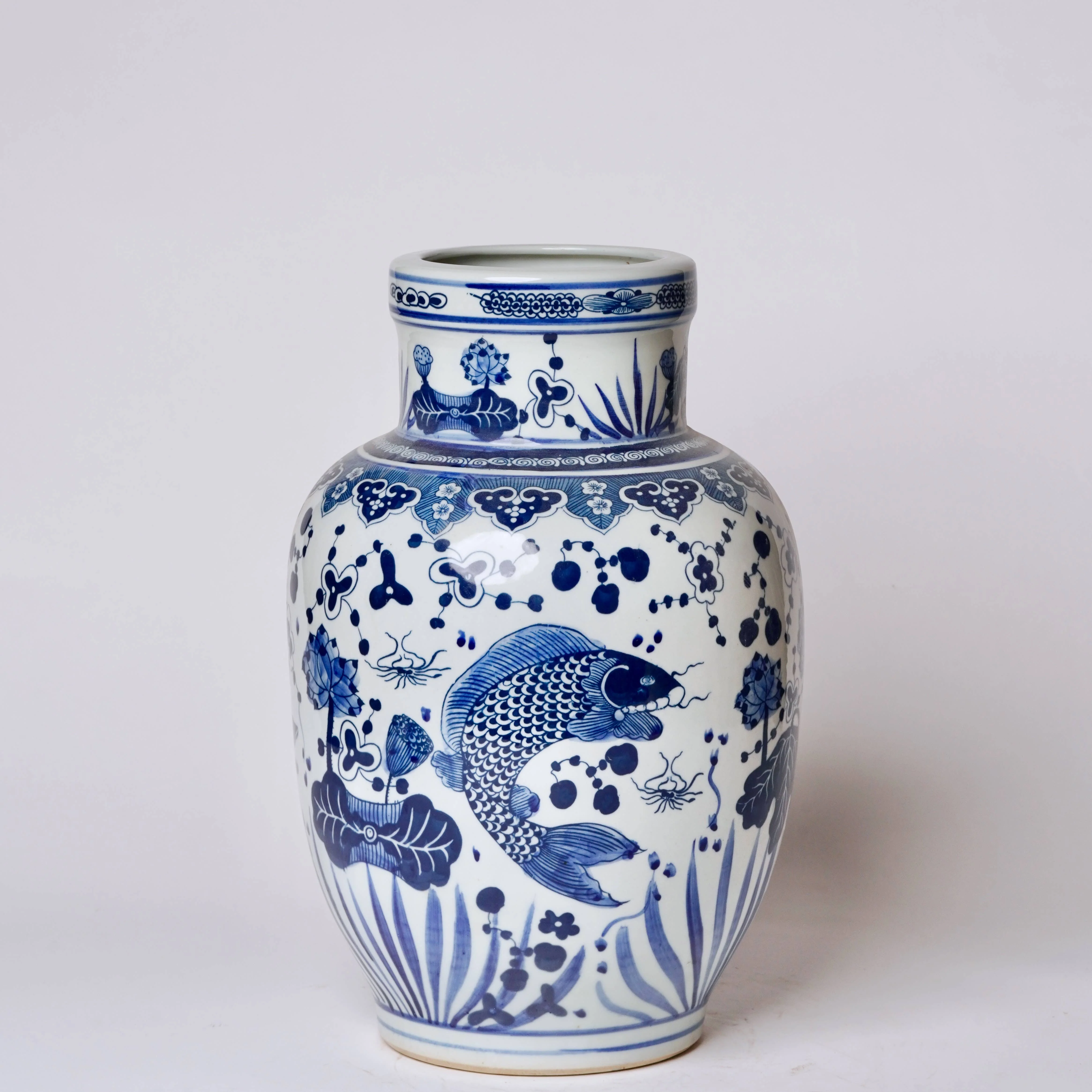 Blue and White Porcelain Fish and Lotus Mallet Vase - Image 3