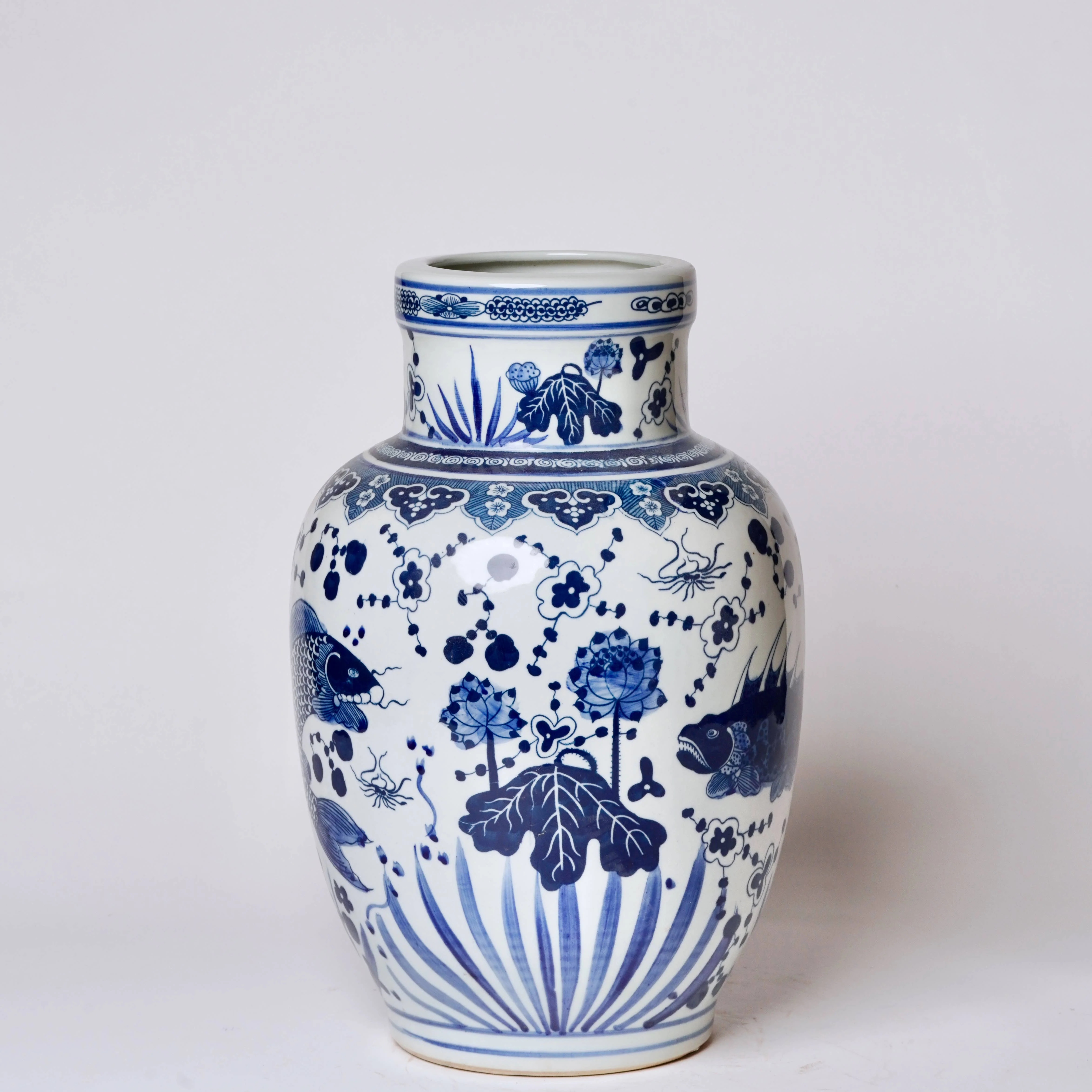 Blue and White Porcelain Fish and Lotus Mallet Vase - Image 4