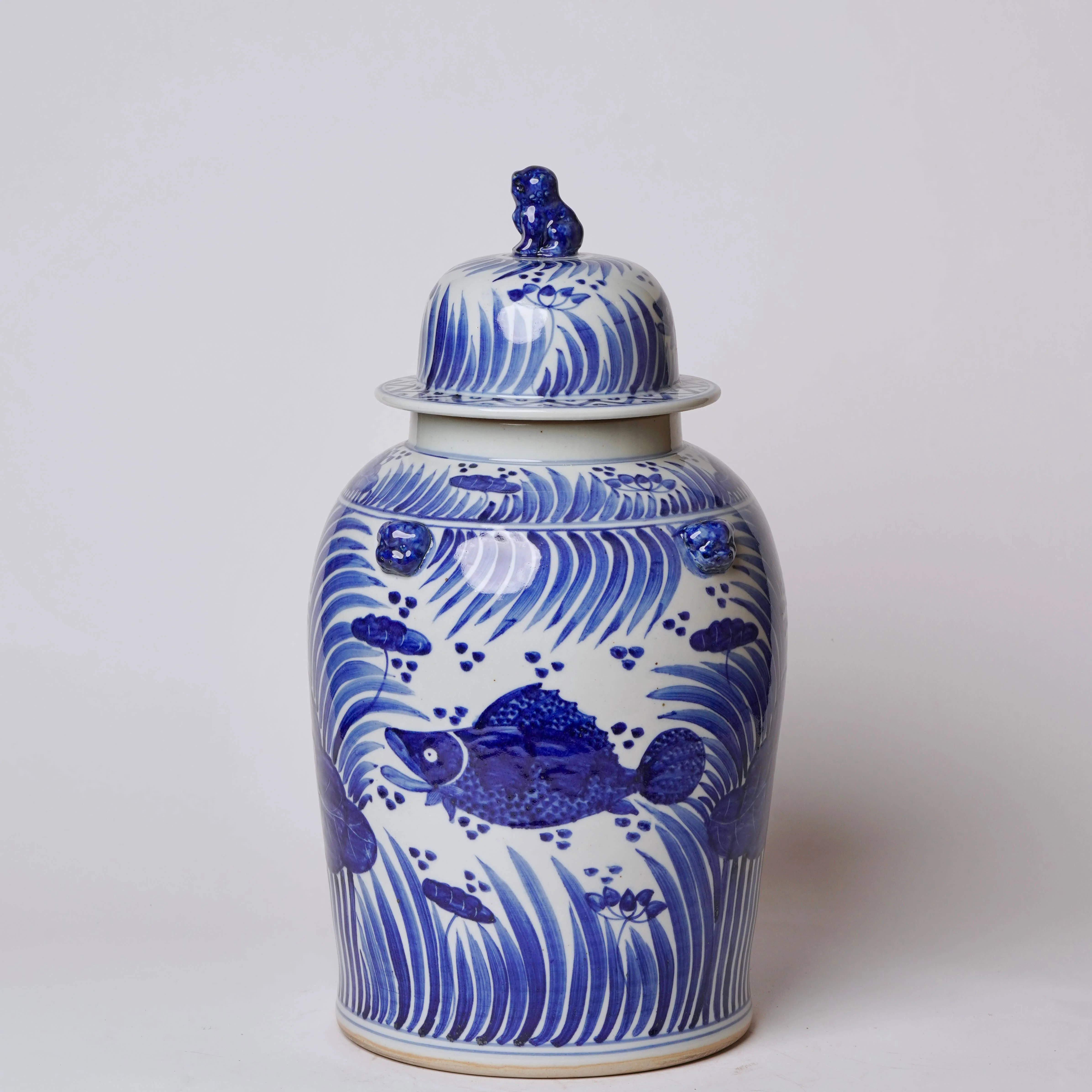 Blue and White Porcelain Fish and Lotus Temple Jar