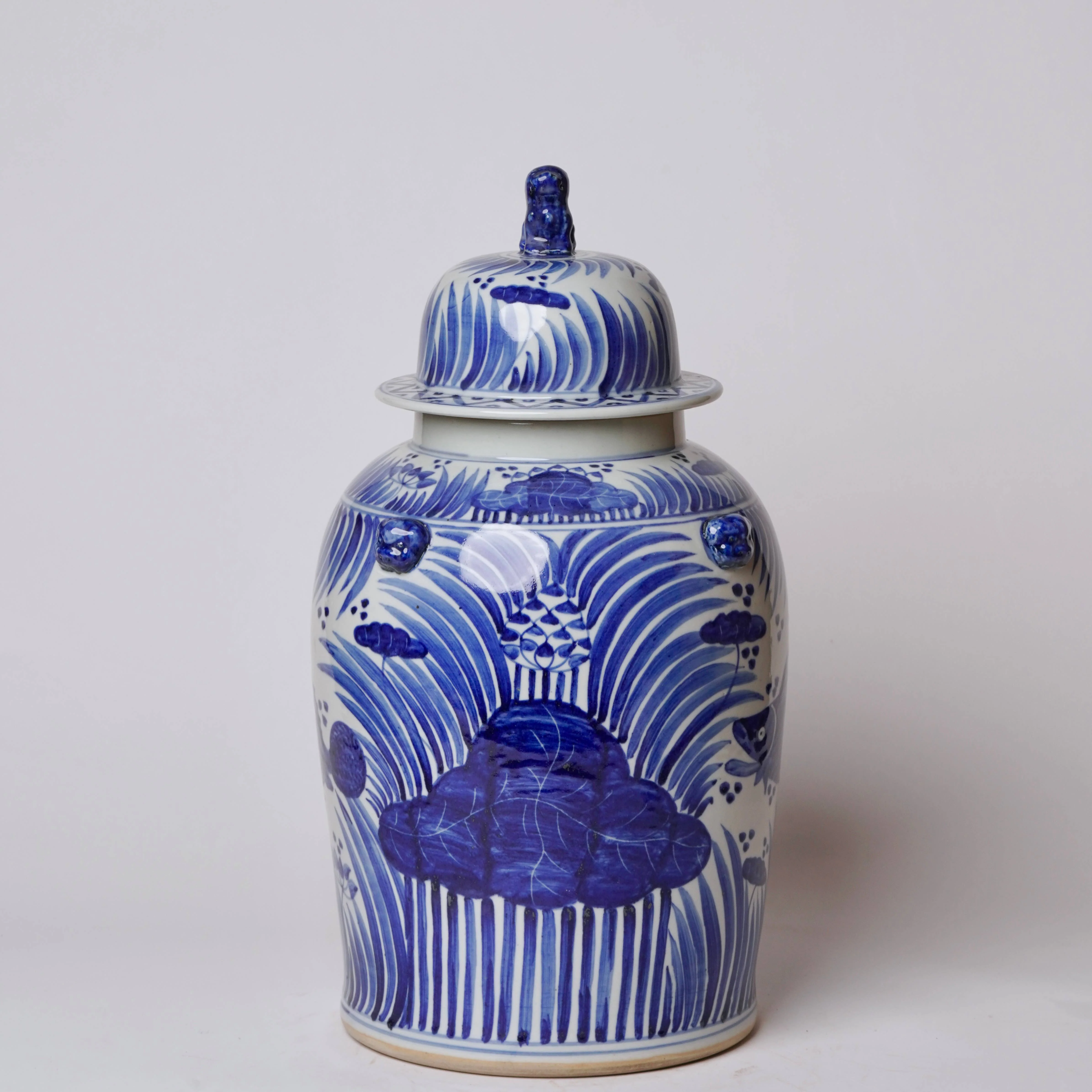 Blue and White Porcelain Fish and Lotus Temple Jar - Image 3