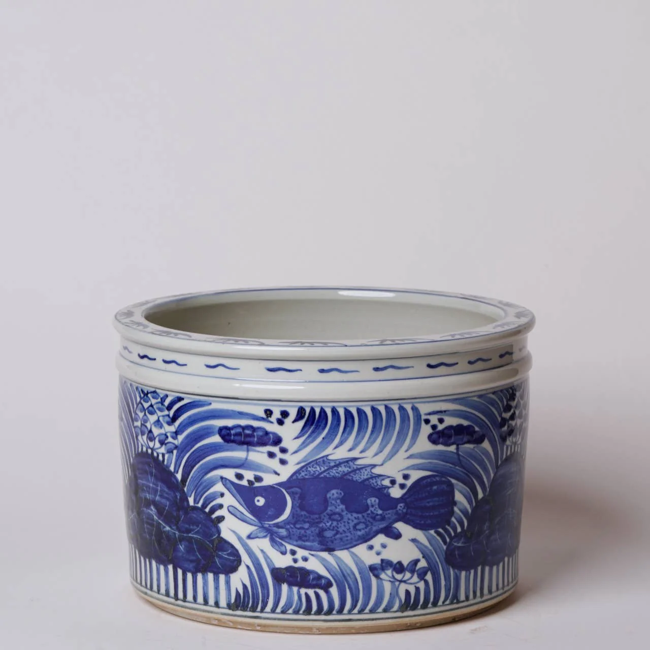 Blue and White Porcelain Fish and Lotus Wide Cachepot