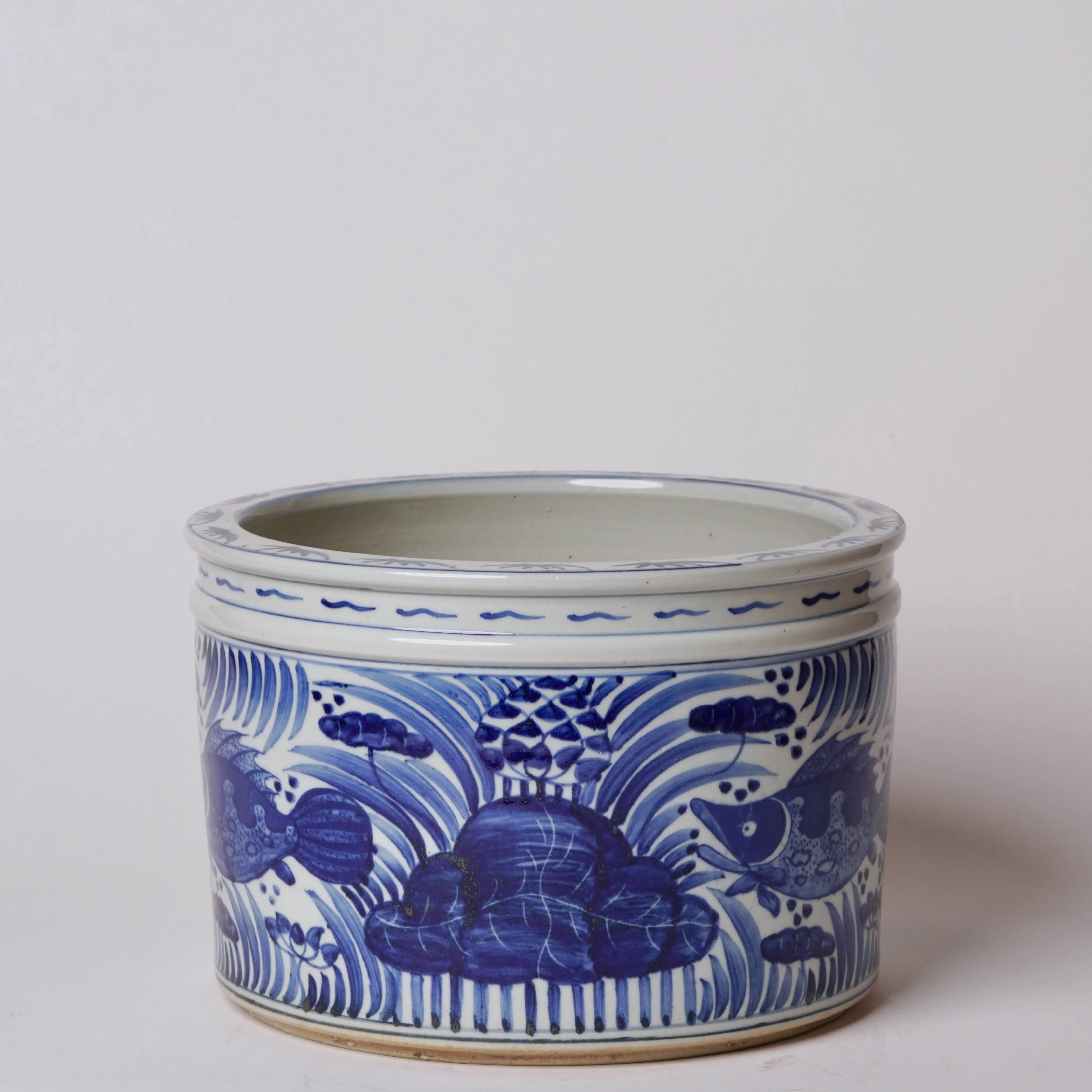 Blue and White Porcelain Fish and Lotus Wide Cachepot - Image 2