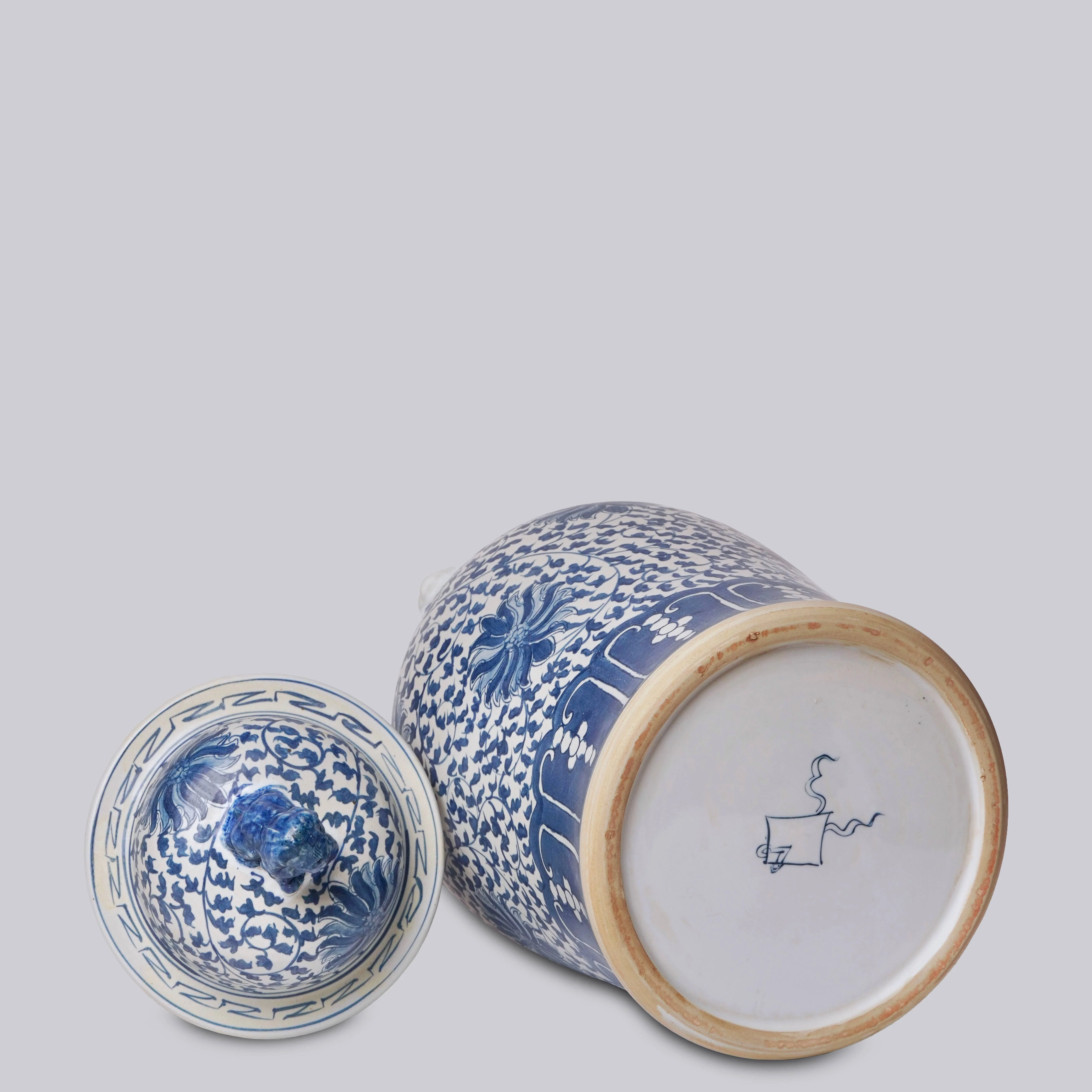 Blue and White Porcelain Scrolling Lotus Rondelle Temple Jar - Image 4
