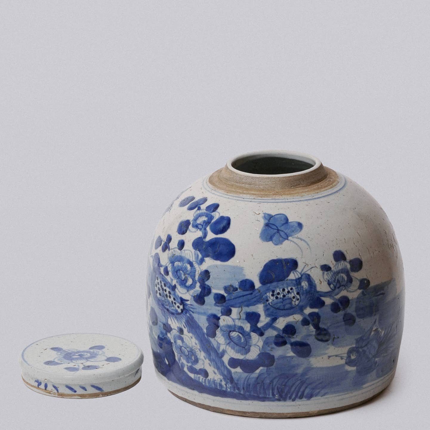 Blue & White Porcelain Bird & Flower Large Round Storage Jar - Image 3