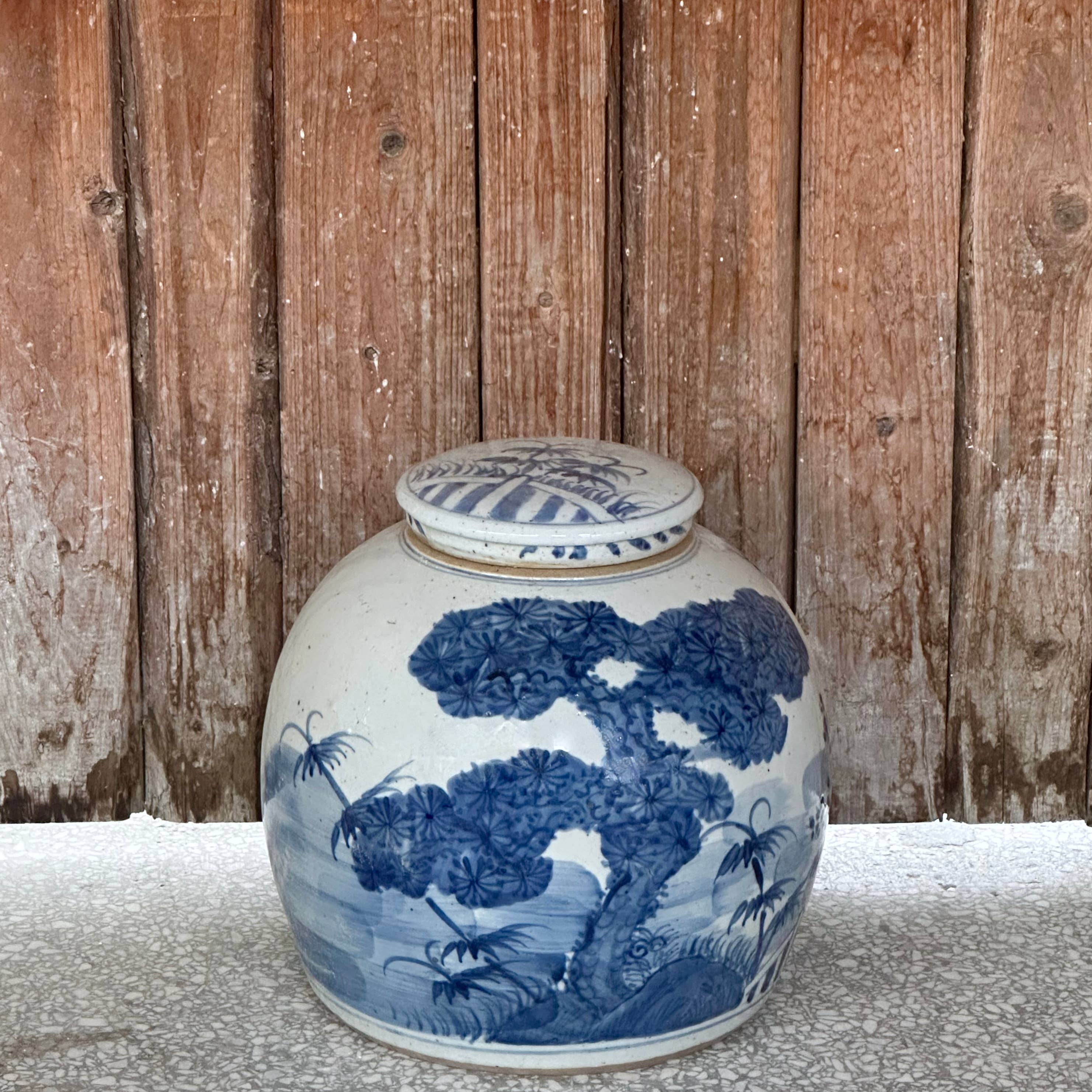 Blue & White Porcelain Three Friends Med. Round Storage Jar