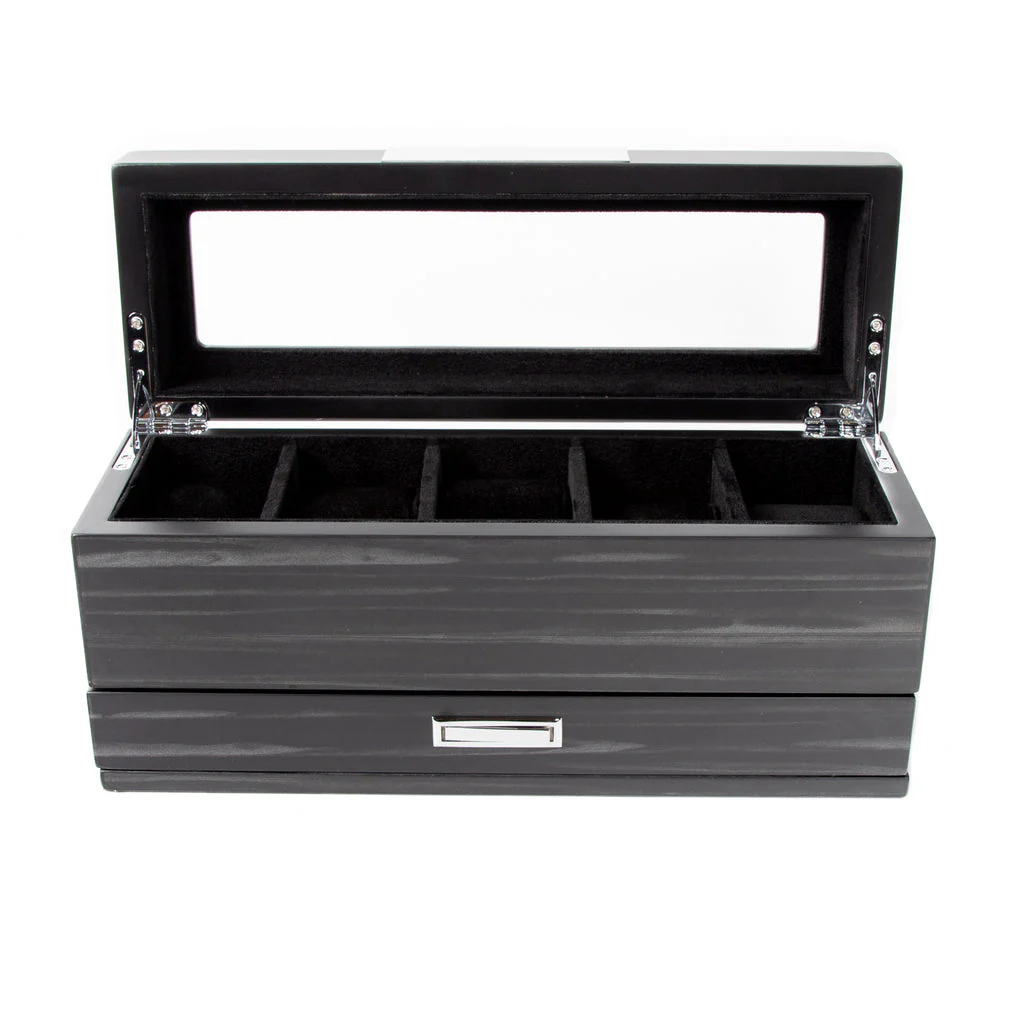 Matte Ebony (Black) 5 Slot Watch Box With Jewelry Tray - Image 4