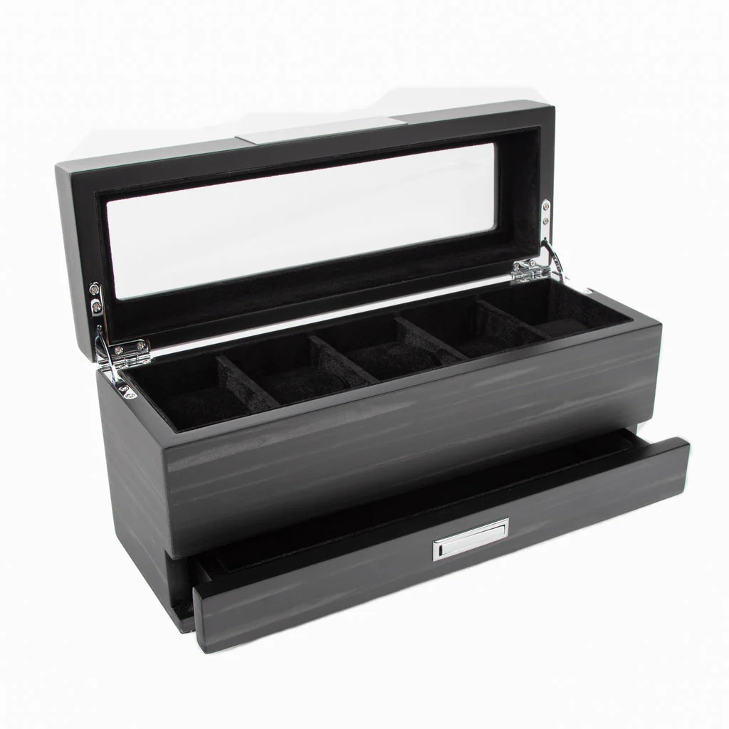 Matte Ebony (Black) 5 Slot Watch Box With Jewelry Tray - Image 6