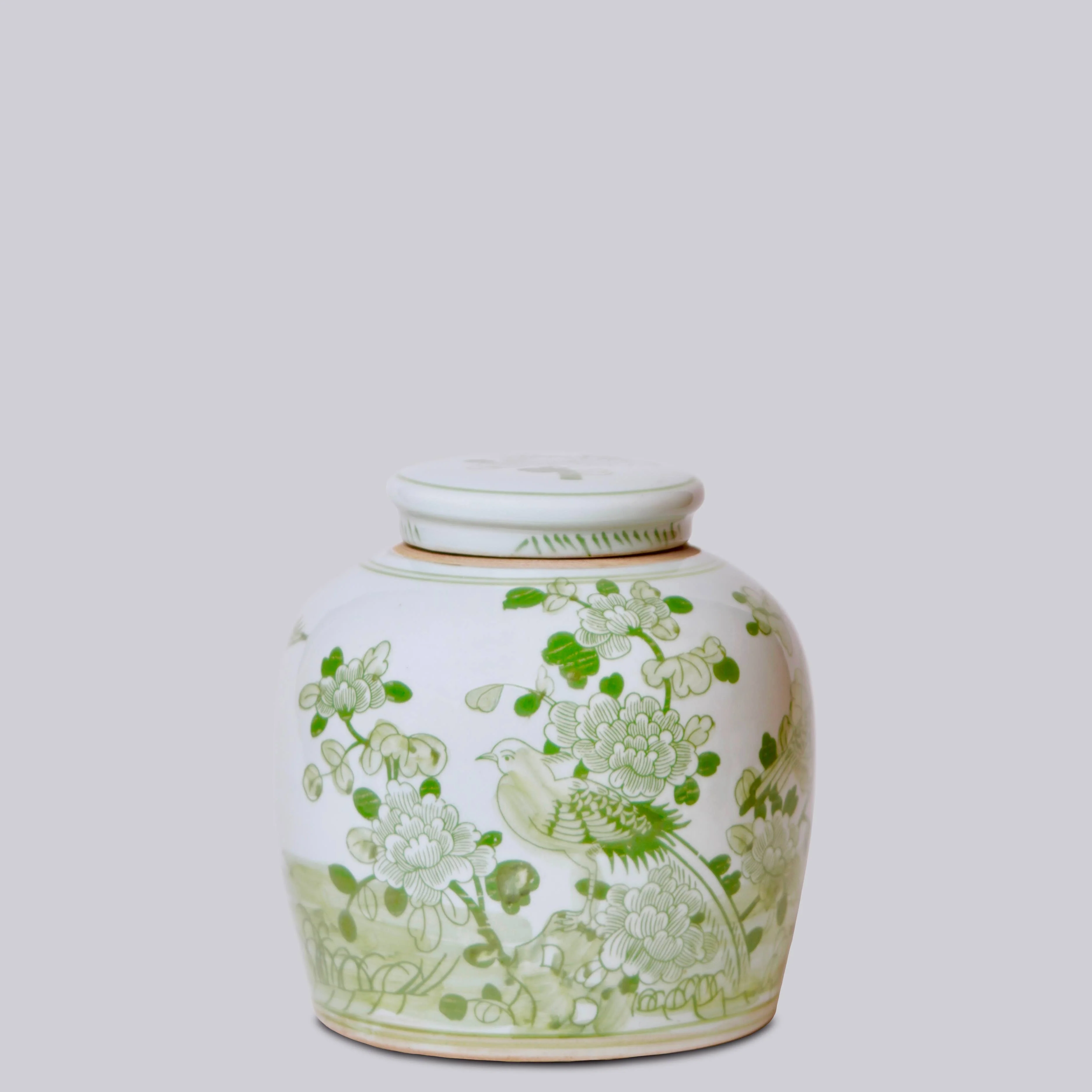 Bird and Flower Green and White Porcelain Jar