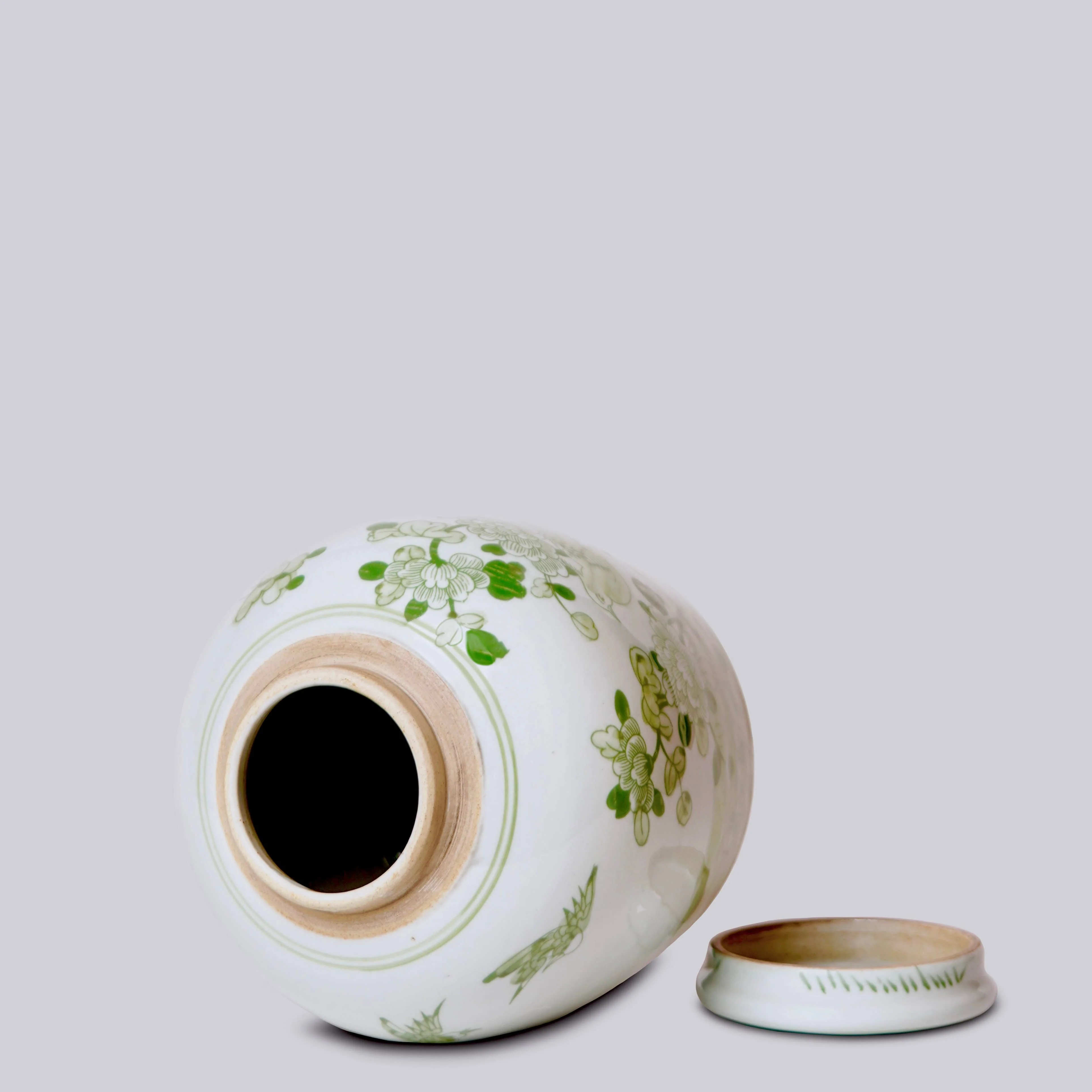 Bird and Flower Green and White Porcelain Jar - Image 2