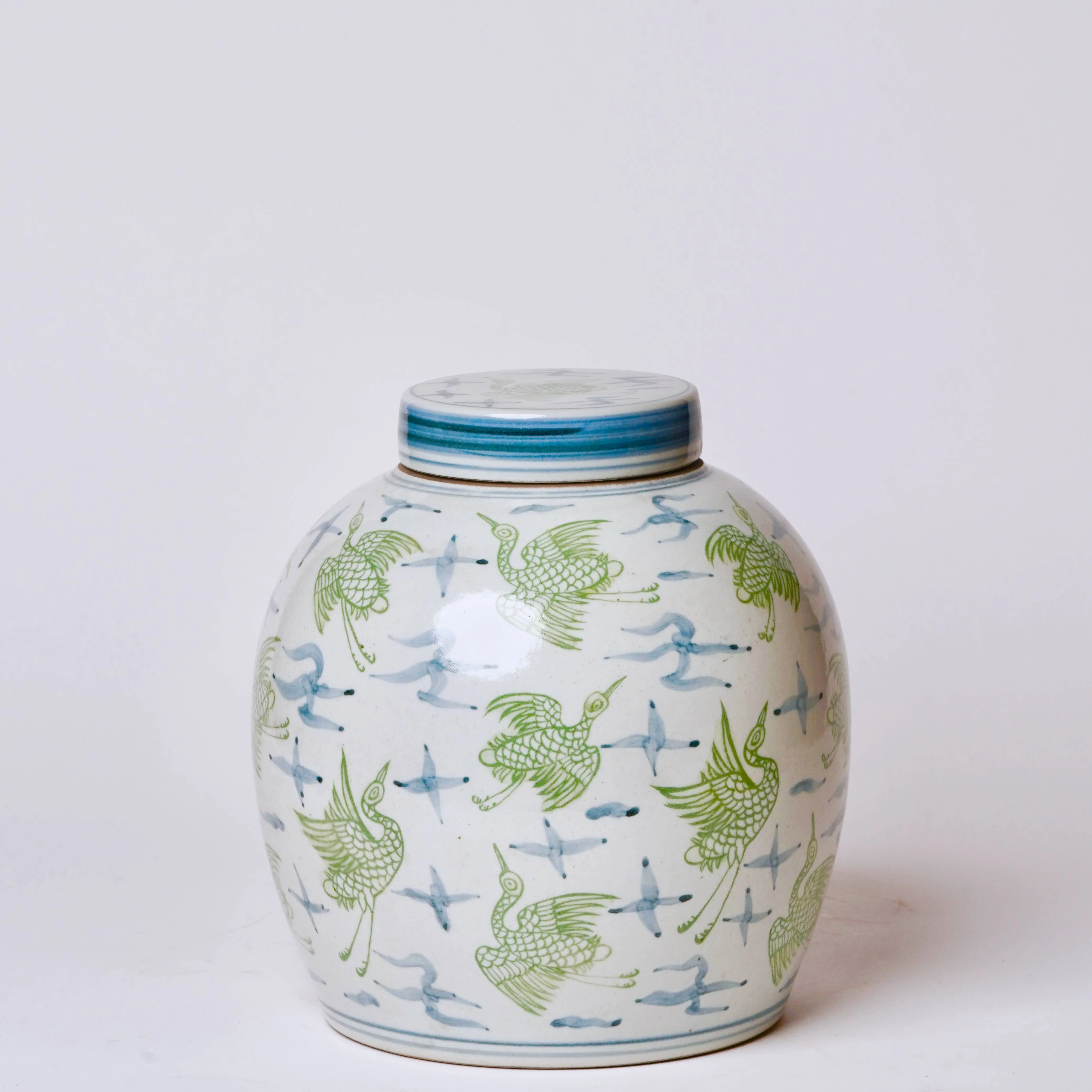 Blue and Green Porcelain Cranes and Clouds Round Storage Jar