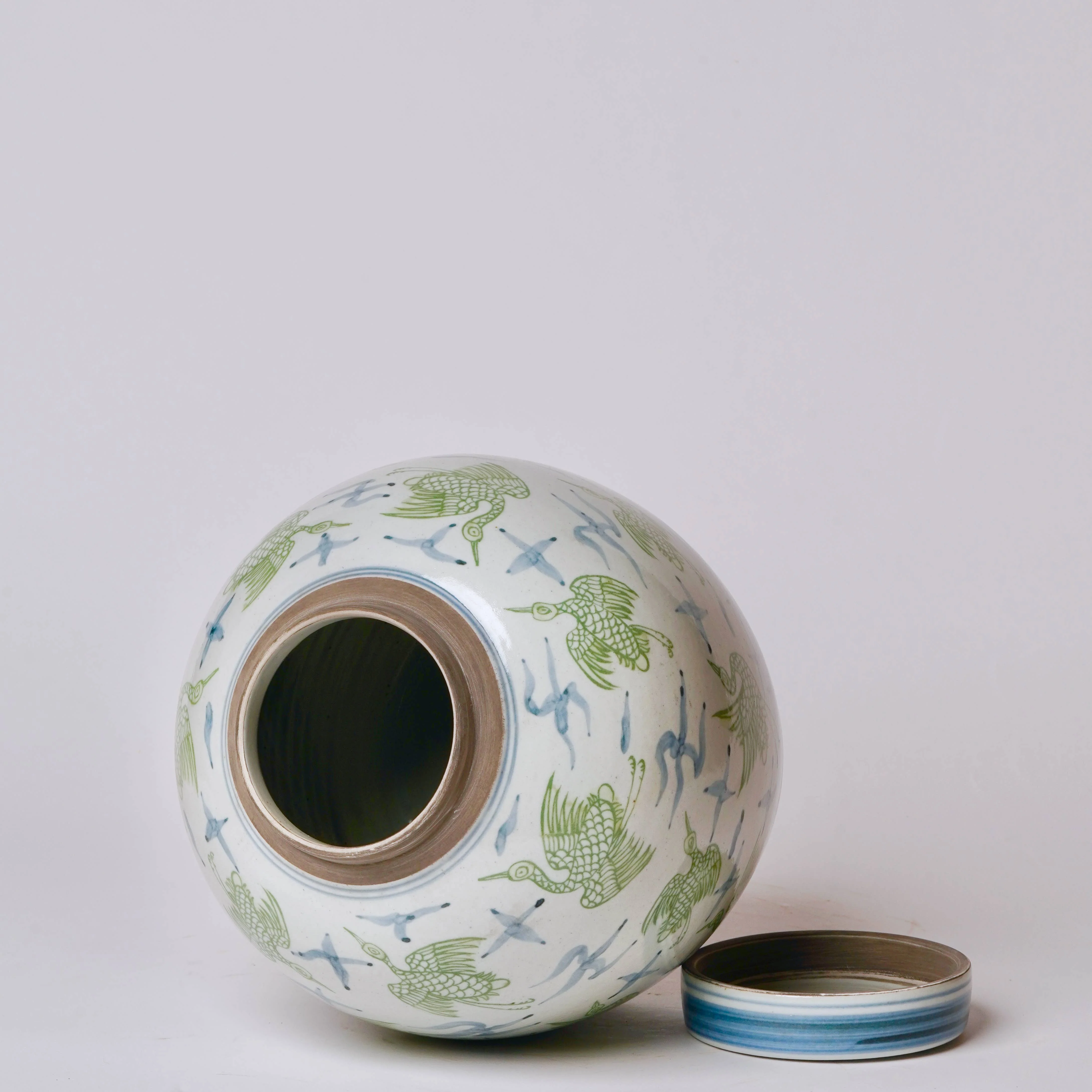 Blue and Green Porcelain Cranes and Clouds Round Storage Jar - Image 2