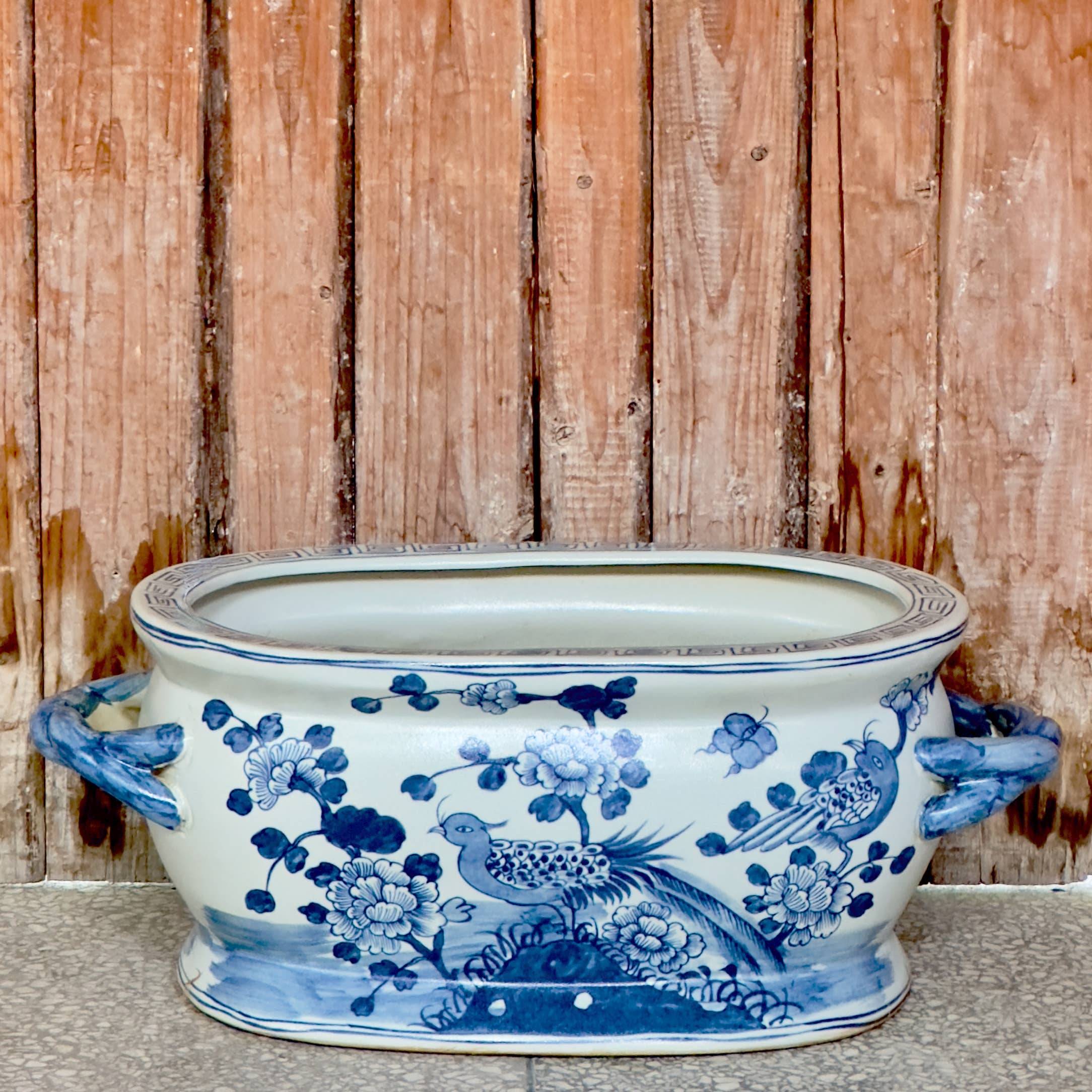 Blue and White Bird and Flower Porcelain Oval Compote