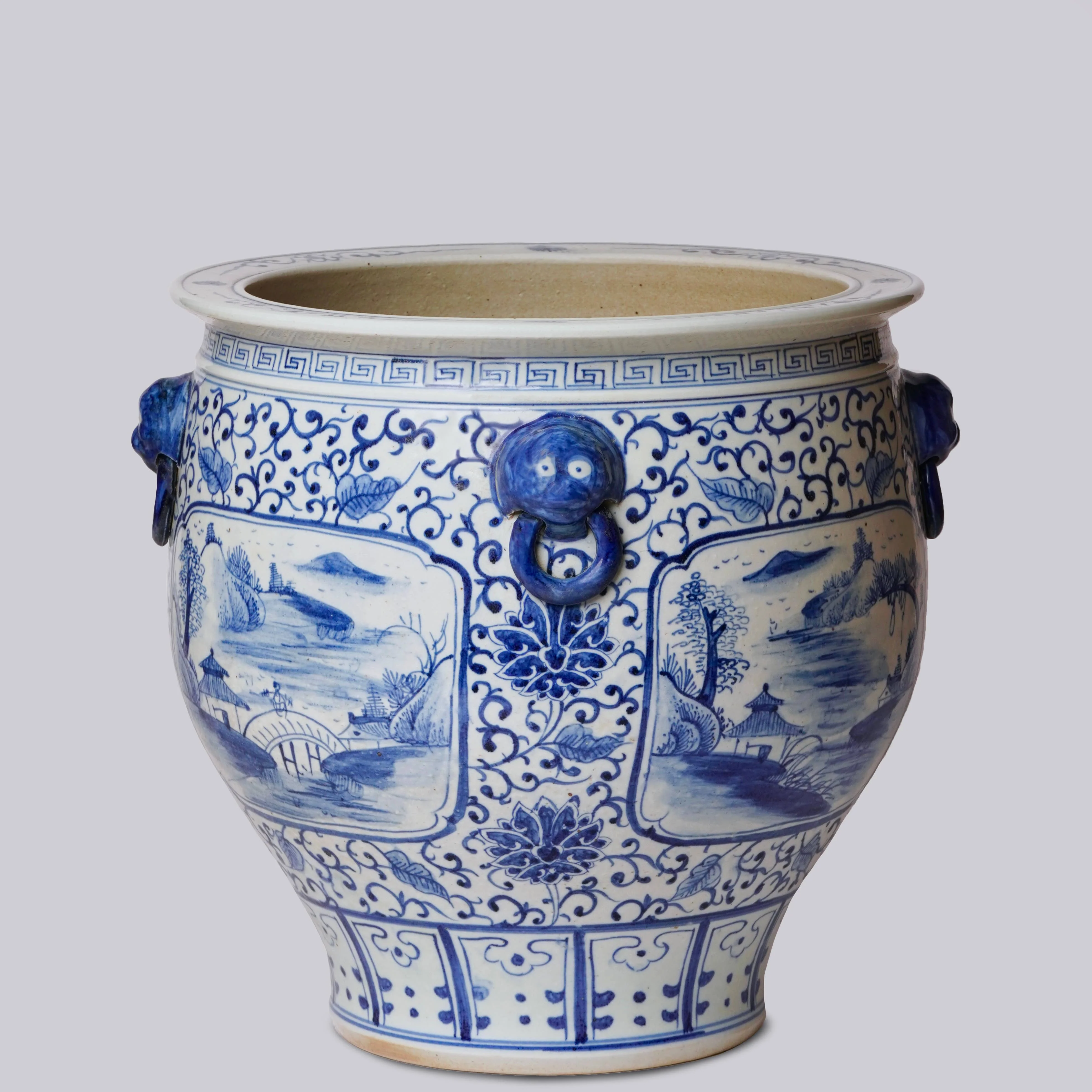 Blue and White Landscape Cartouche Porcelain Planter