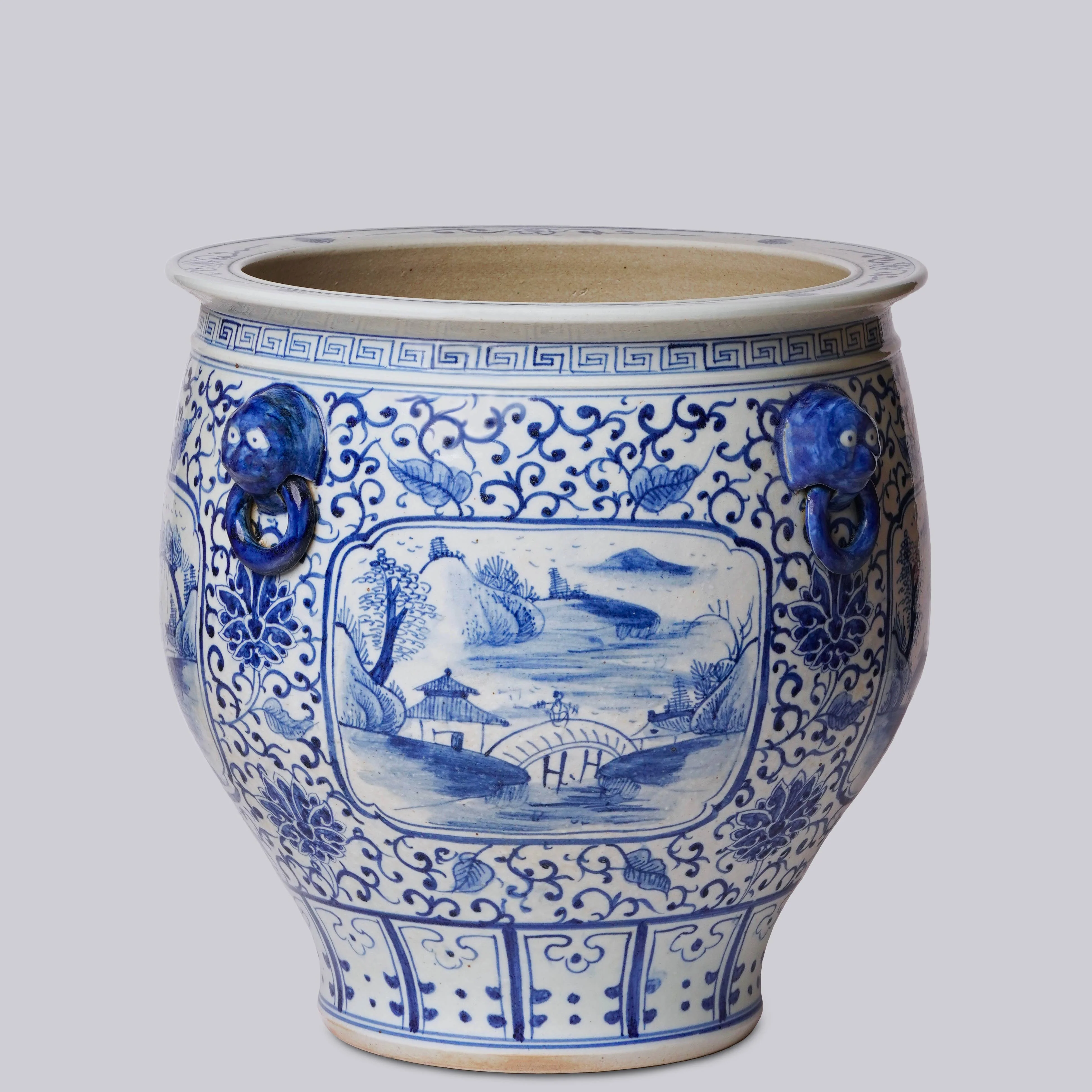 Blue and White Landscape Cartouche Porcelain Planter - Image 3