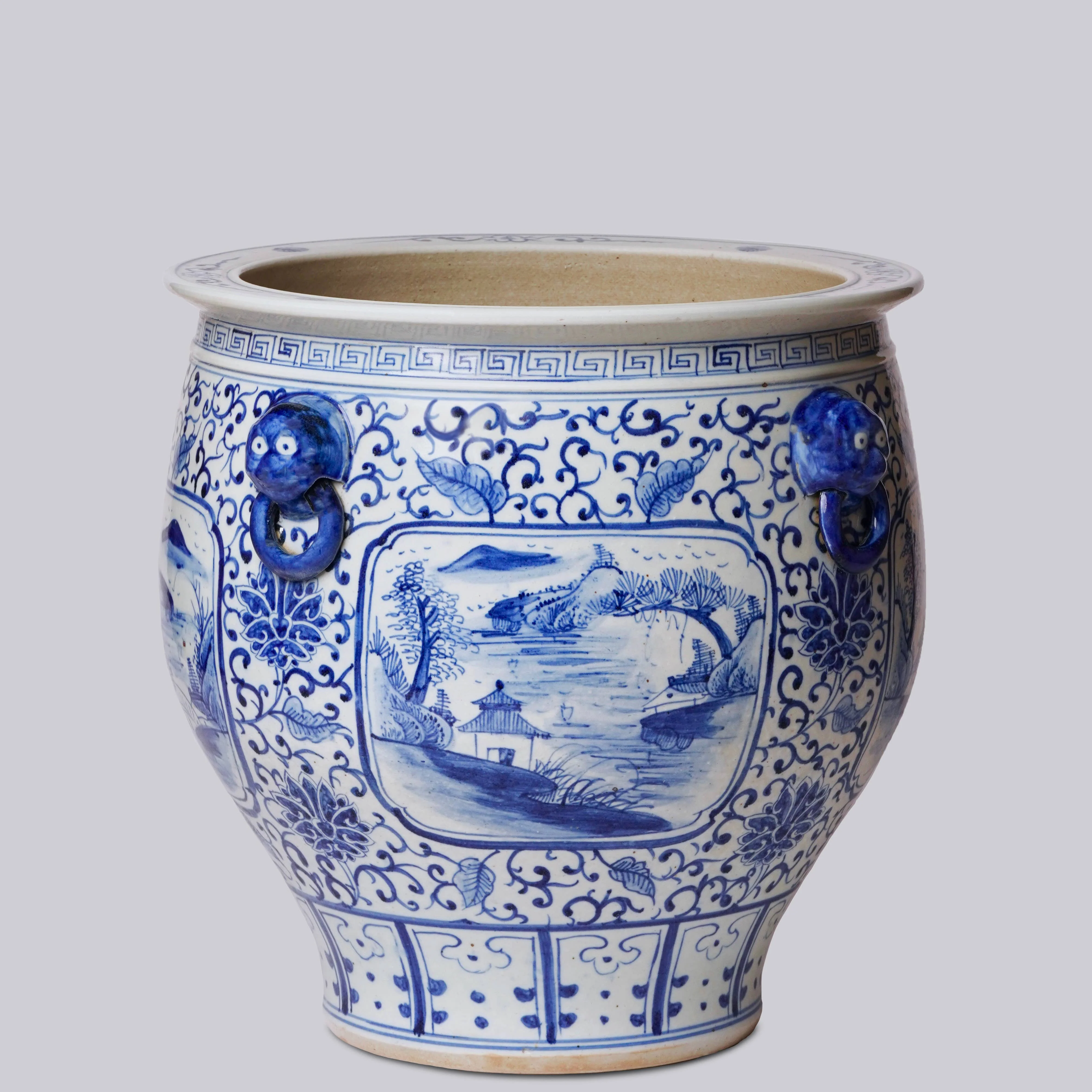 Blue and White Landscape Cartouche Porcelain Planter - Image 4