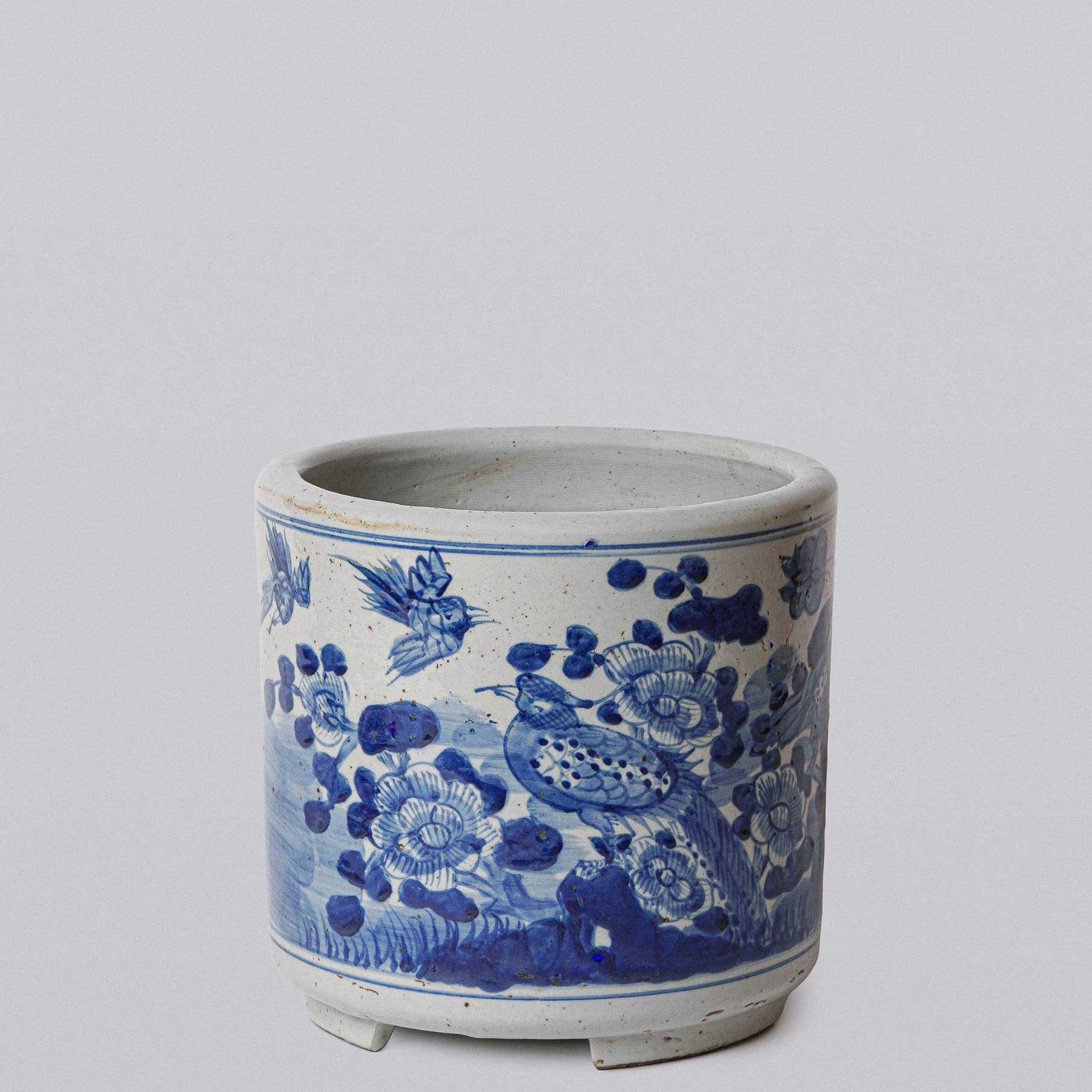 Blue and White Porcelain Bird and Flower Footed Cachepot