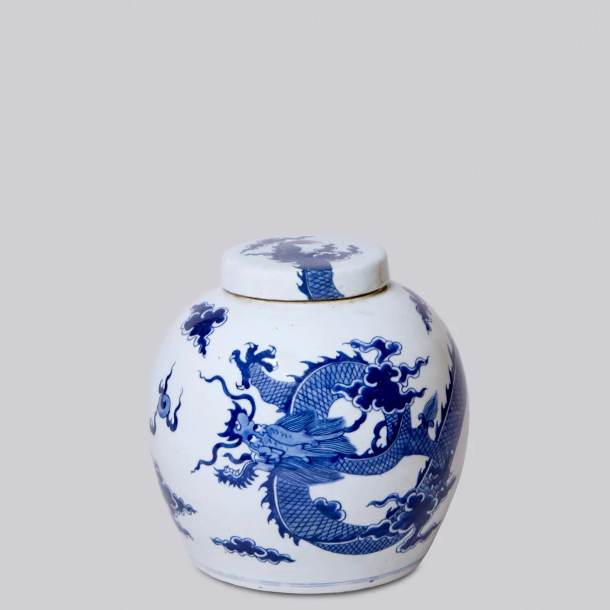 Blue and White Porcelain Dragon Lidded Round Storage Jar