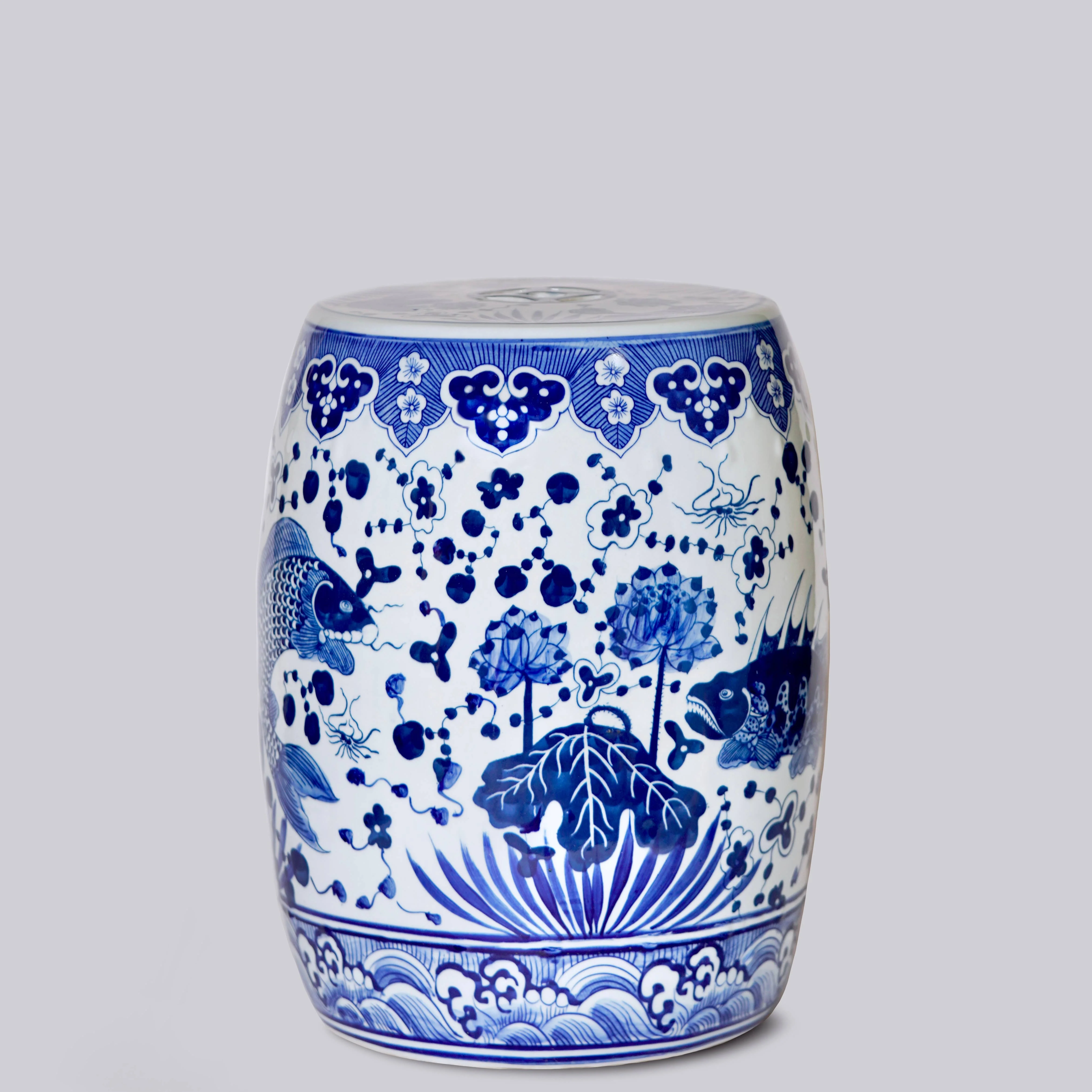 Blue and White Porcelain Fish and Lotus Garden Seat - Image 2