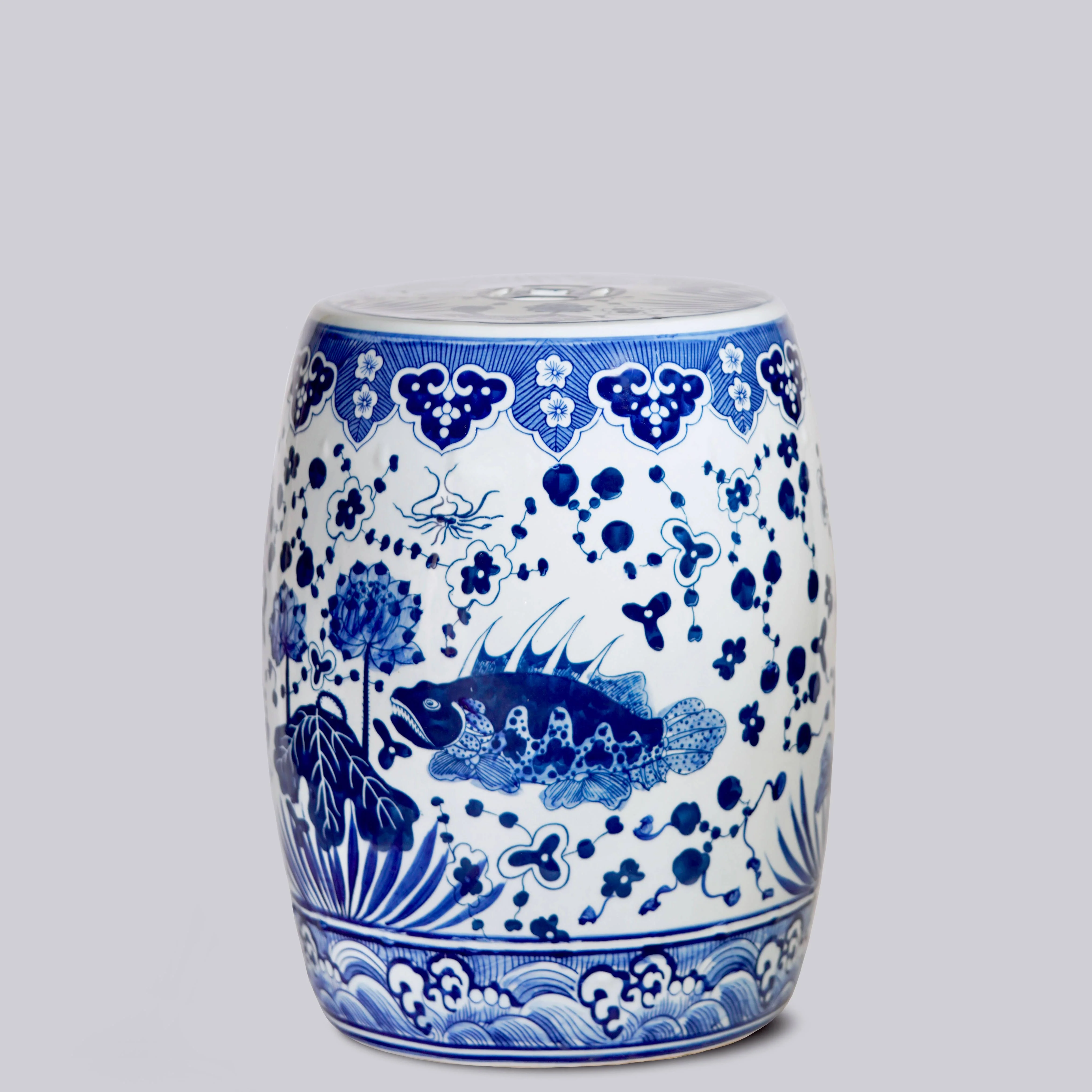 Blue and White Porcelain Fish and Lotus Garden Seat - Image 3