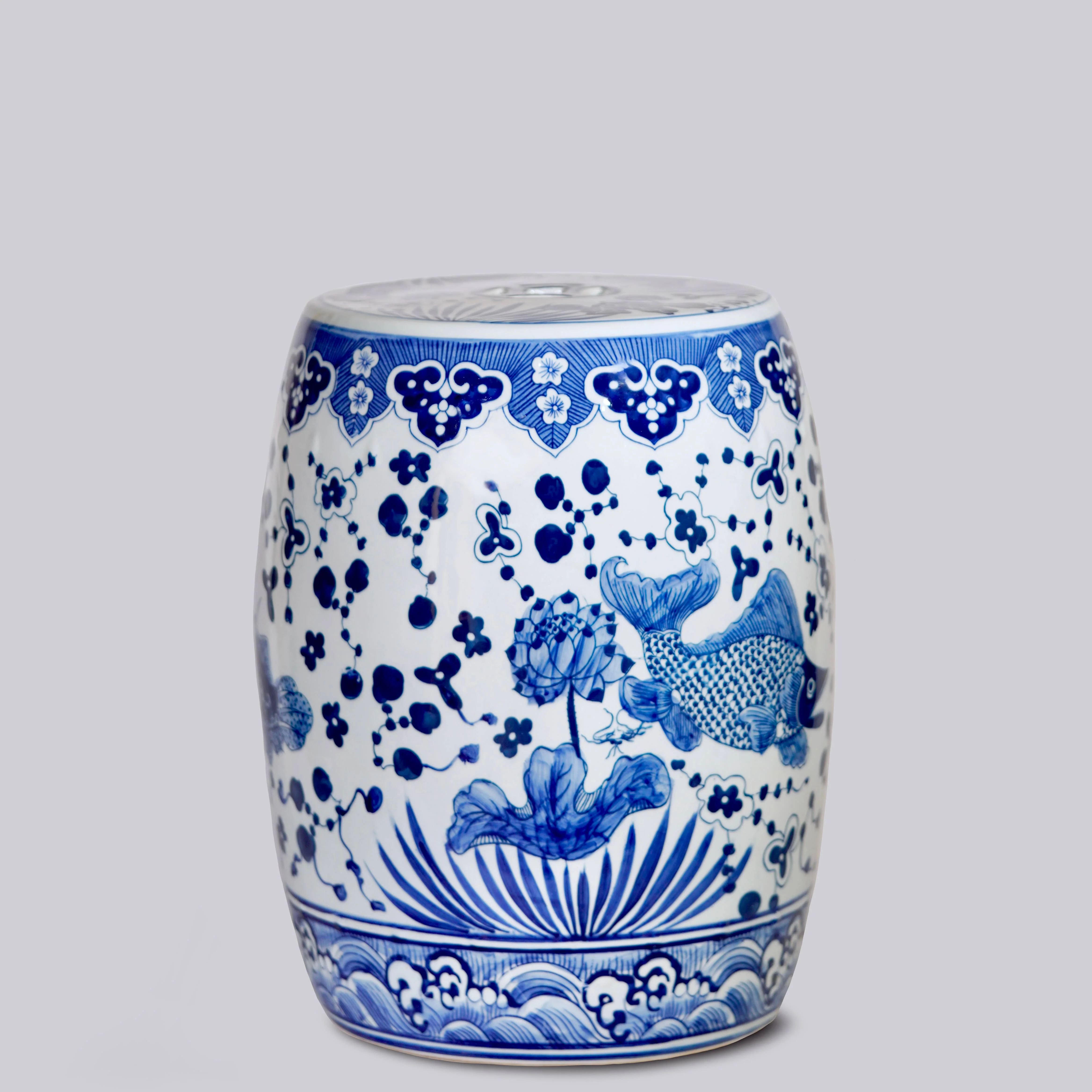 Blue and White Porcelain Fish and Lotus Garden Seat - Image 4