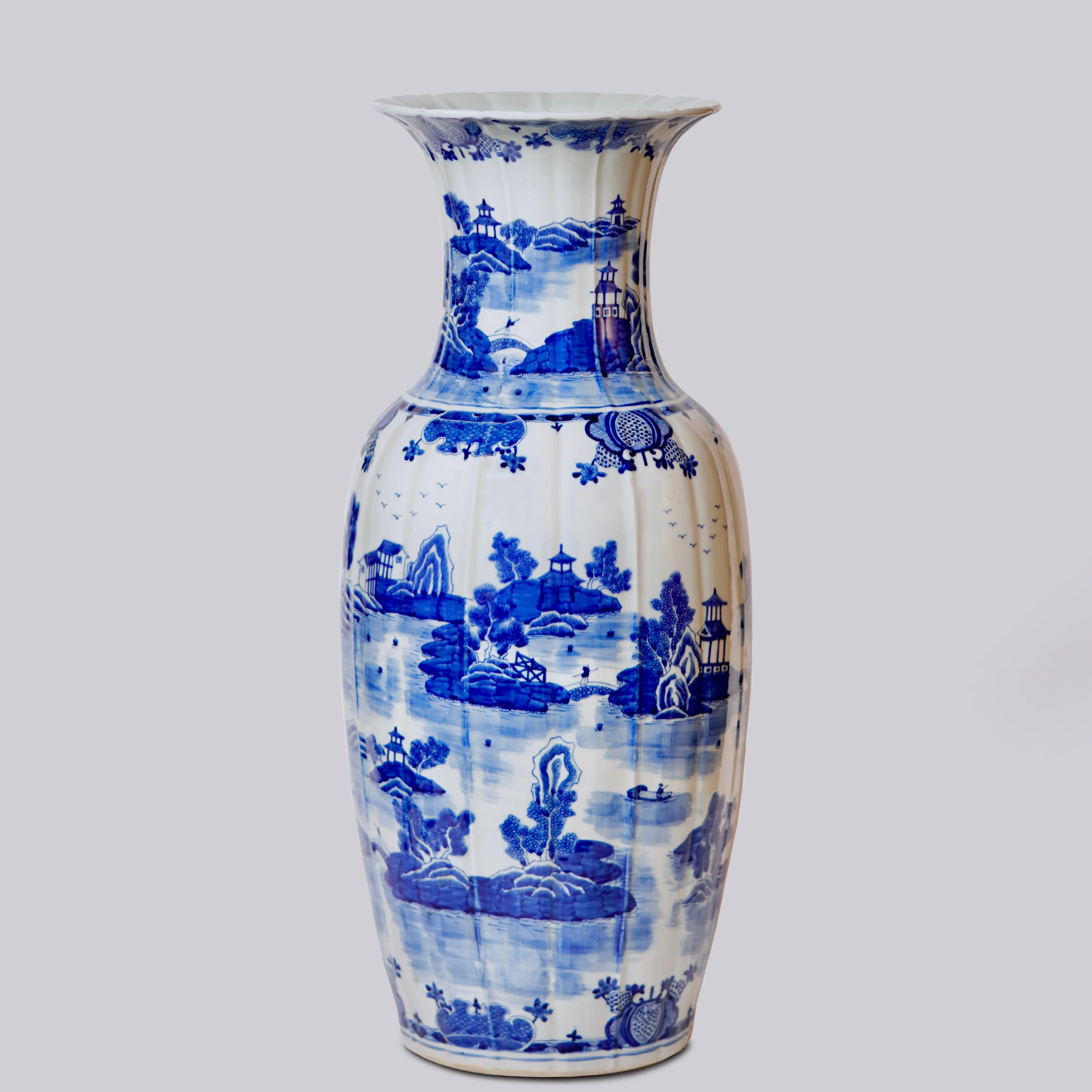 Blue and White Ribbed Willow Ware Tall Vase