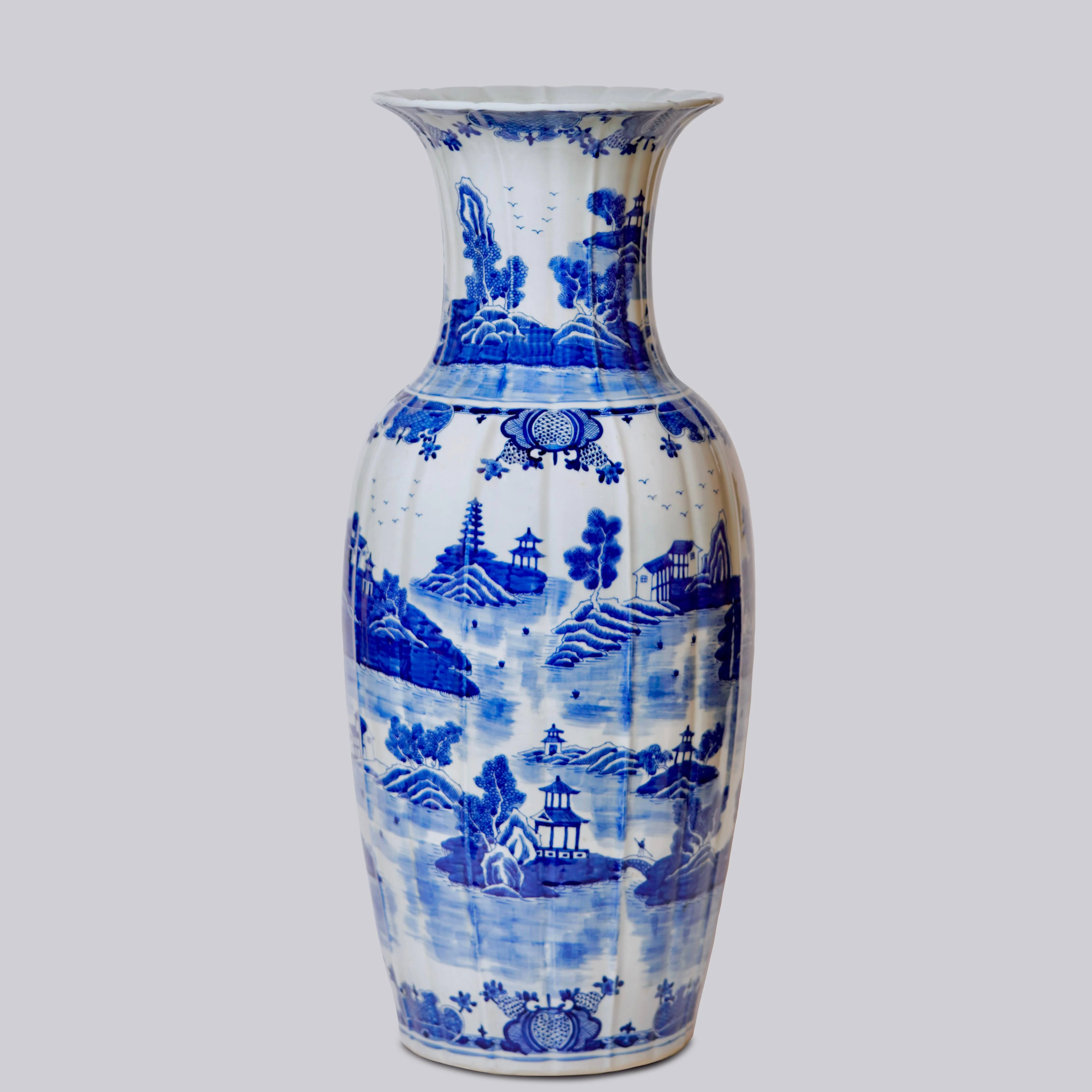 Blue and White Ribbed Willow Ware Tall Vase - Image 3