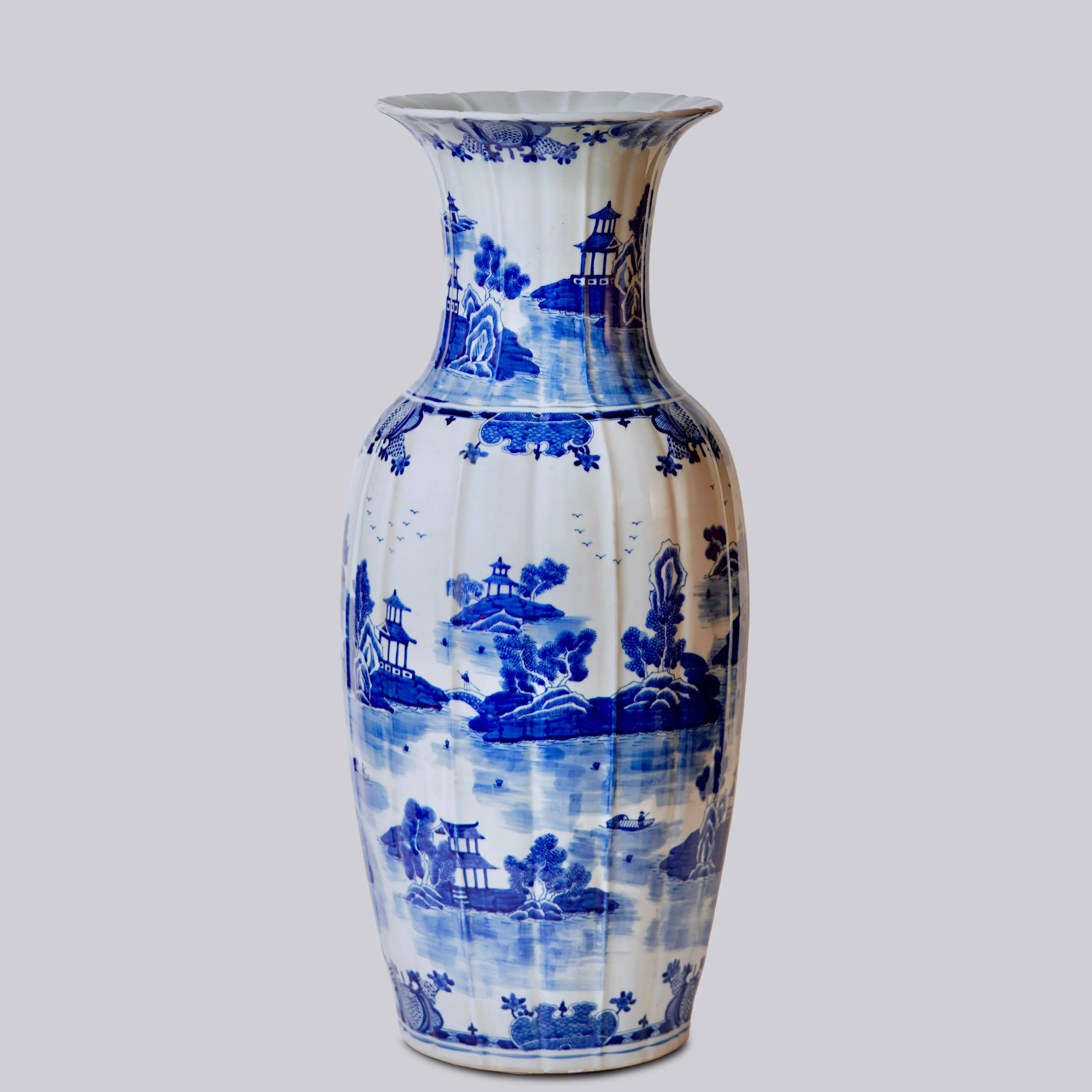 Blue and White Ribbed Willow Ware Tall Vase - Image 4