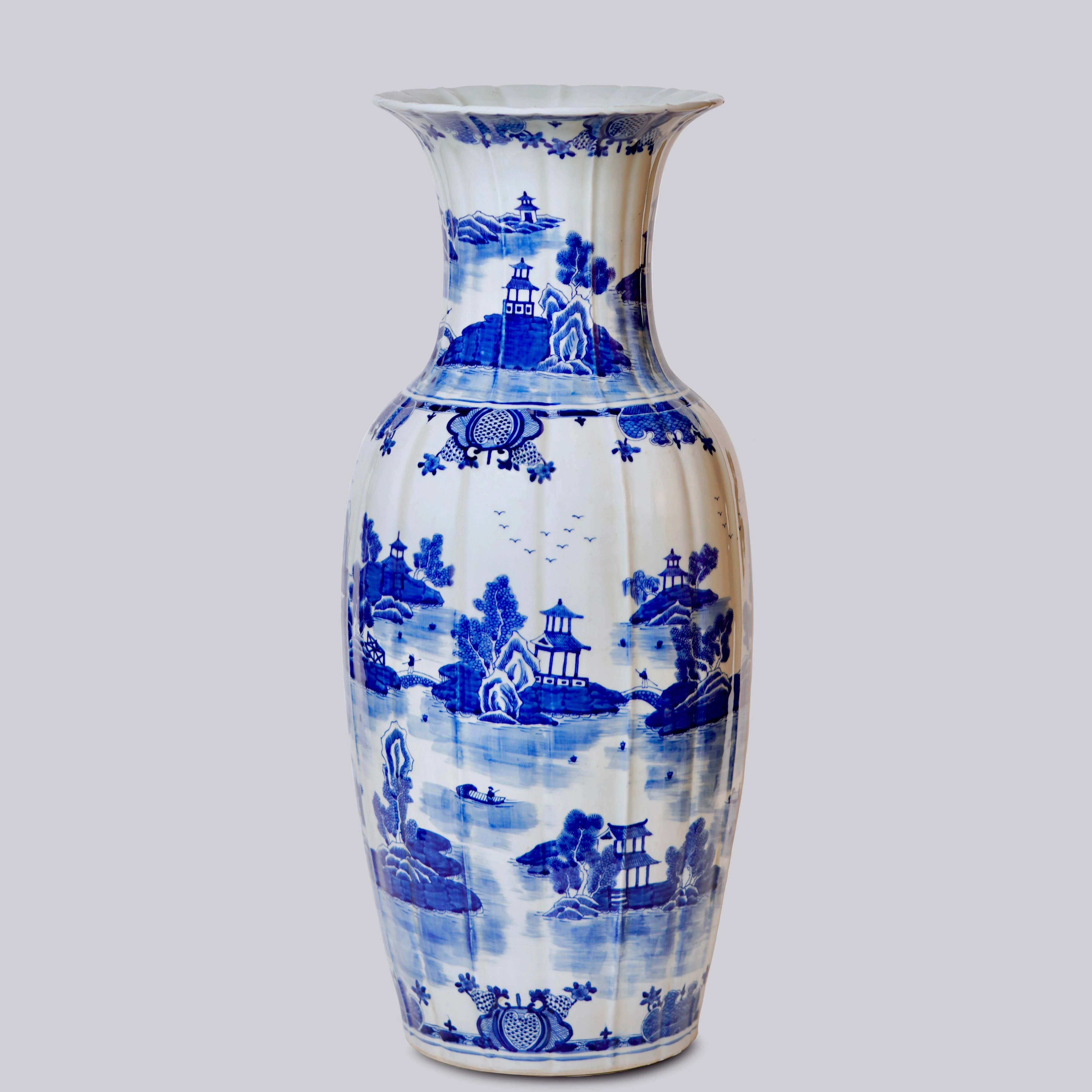 Blue and White Ribbed Willow Ware Tall Vase - Image 6
