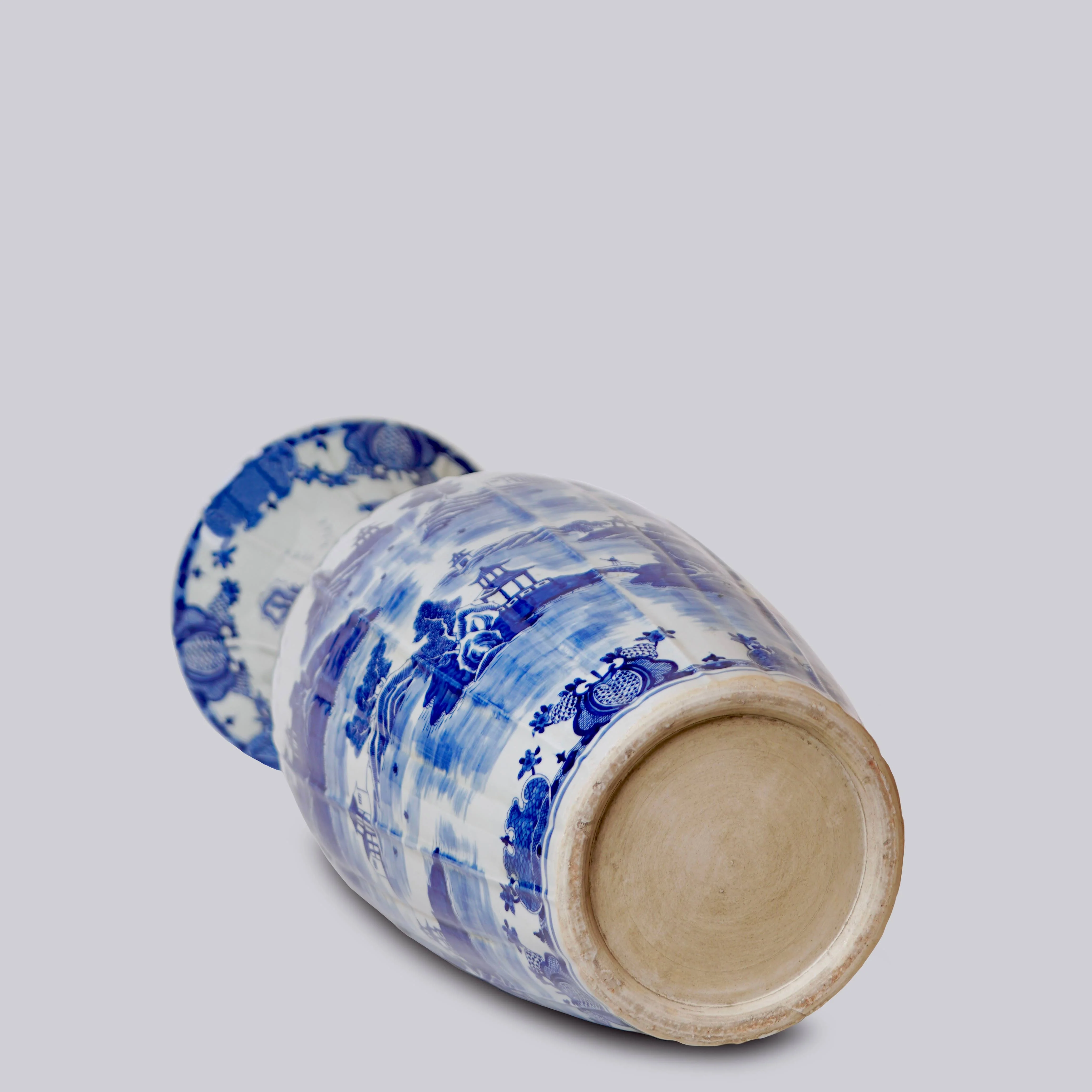 Blue and White Ribbed Willow Ware Tall Vase - Image 7