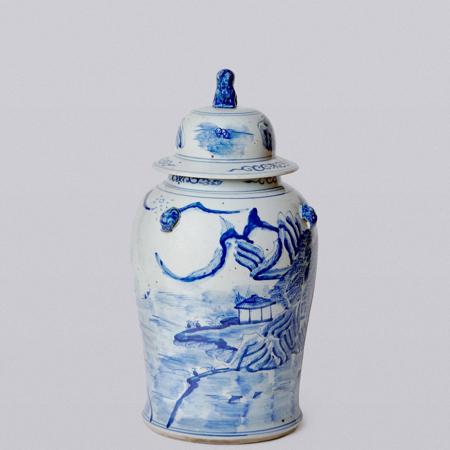 Blue and White River Landscape Porcelain Temple Jar - Image 3
