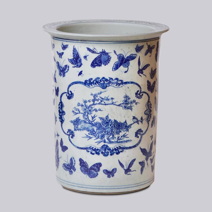 Blue and White Rustic Landscape Porcelain Umbrella Stand