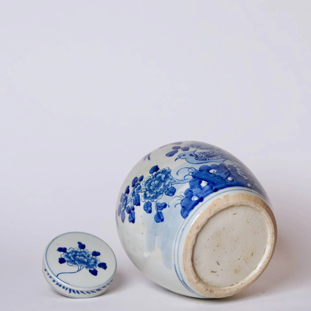 Blue & White Porcelain Bird and Flower Round Storage Jar - Image 4
