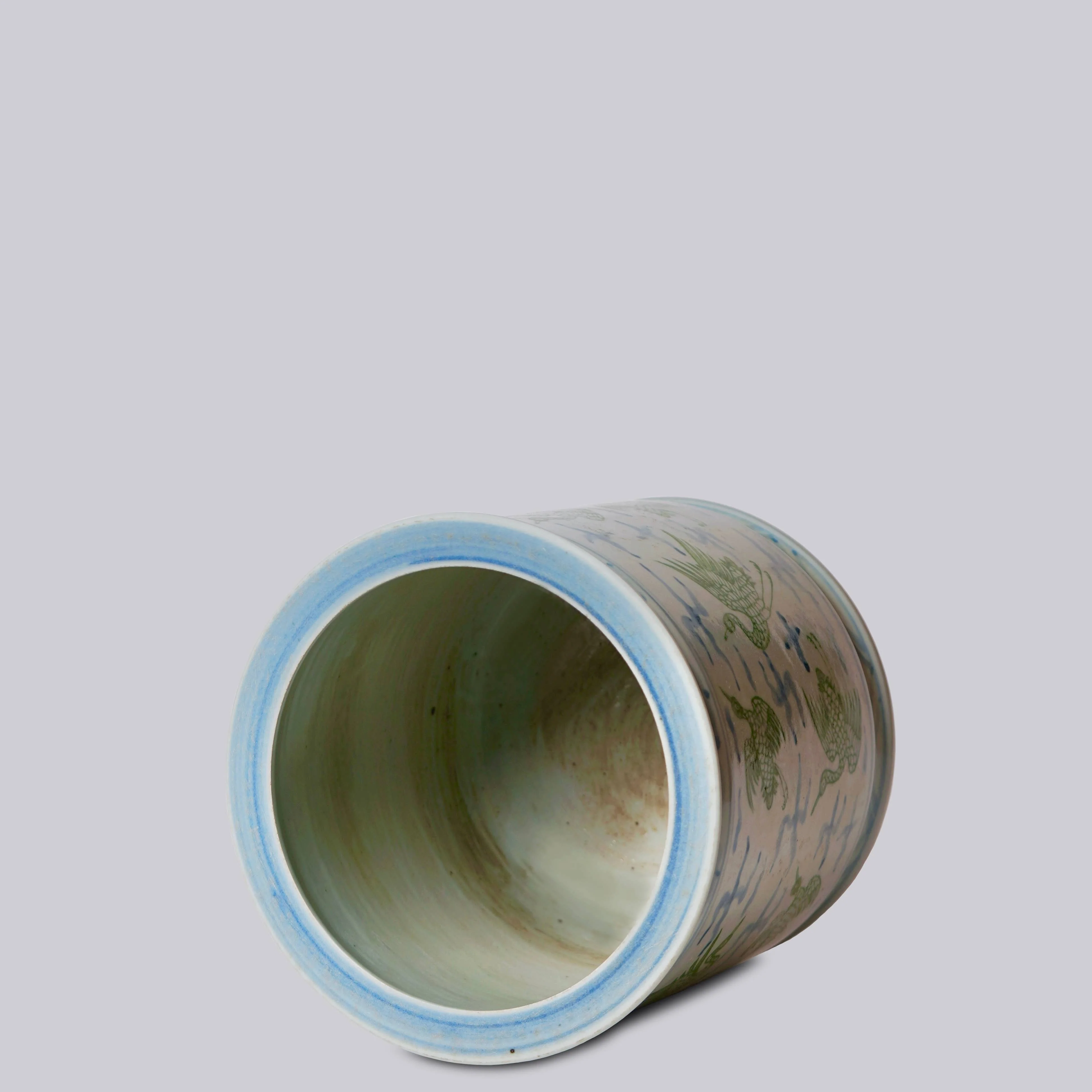 Cranes and Clouds Green and Blue Porcelain Cachepot - Image 2
